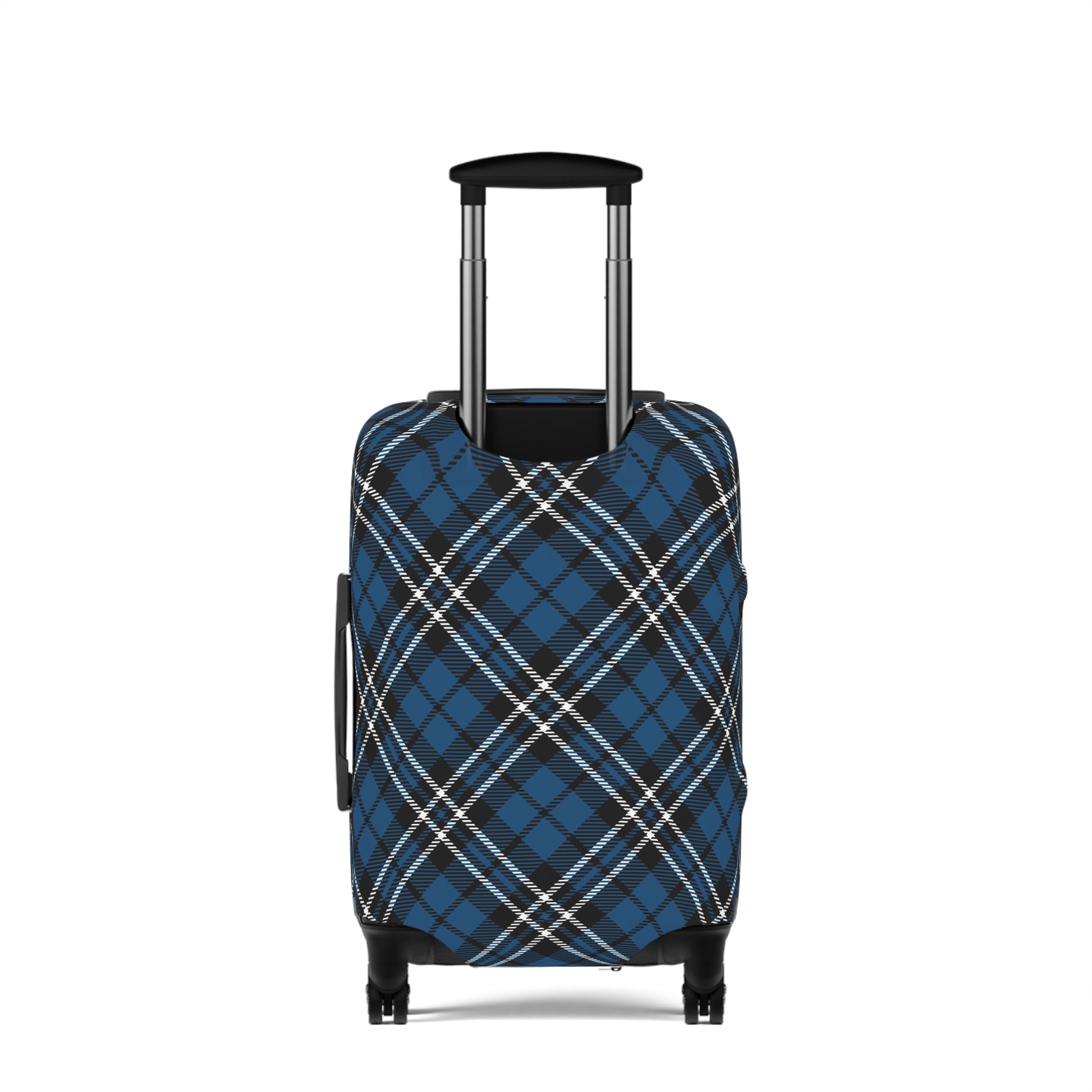 Scottish Highlander blue tartan stretch luggage cover fitted on rolling suitcase