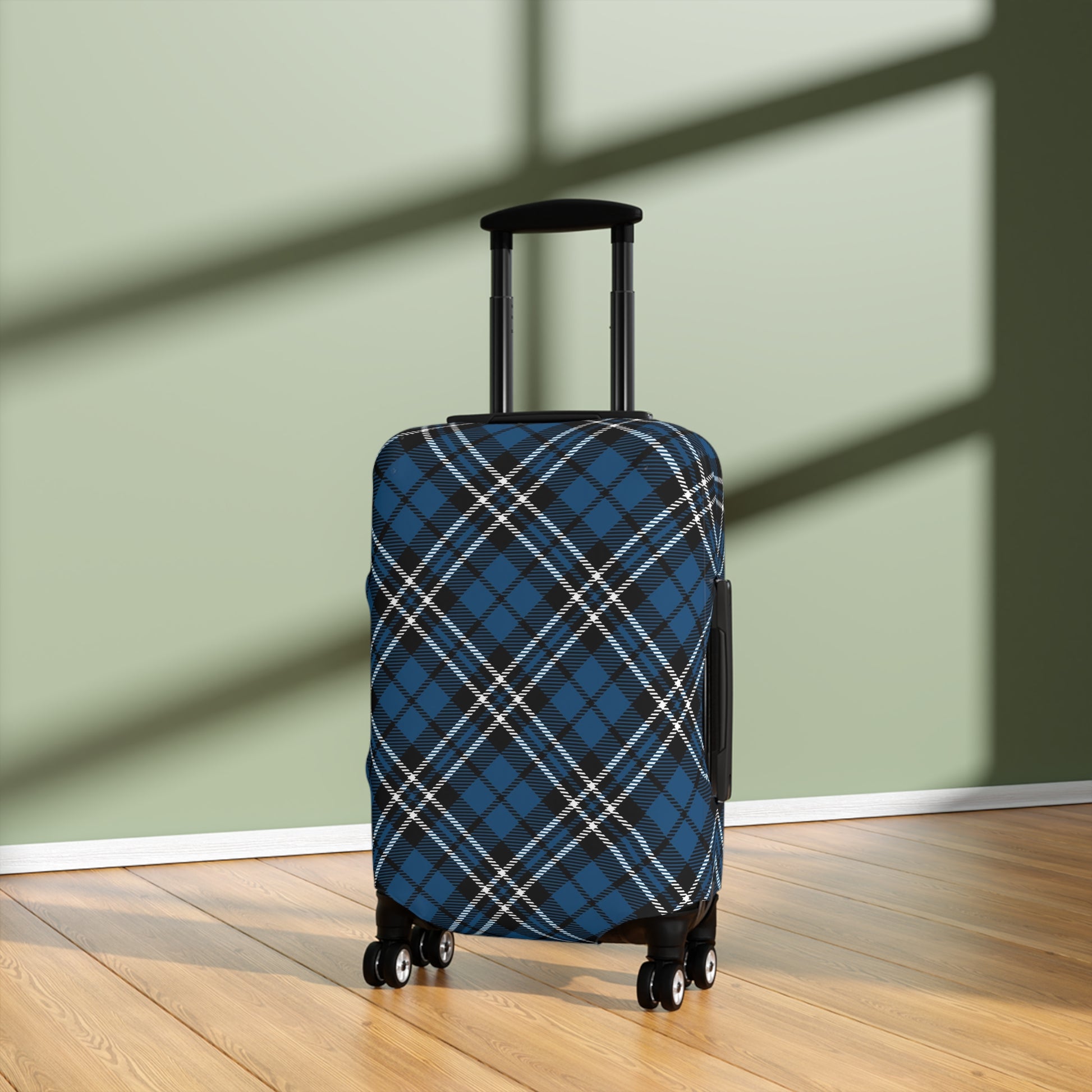Scottish Highlander blue tartan stretch luggage cover fitted on rolling suitcase