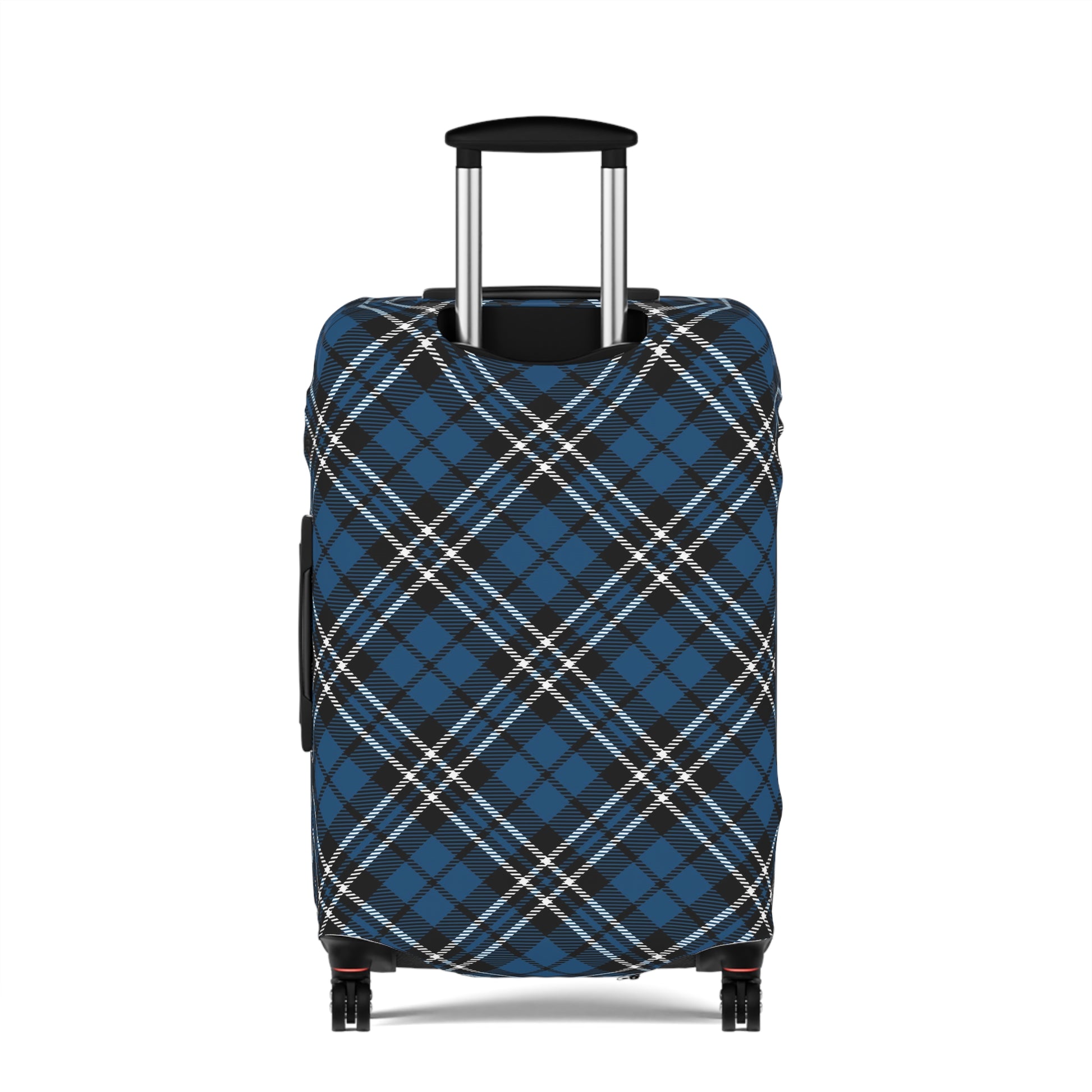 Scottish Highlander blue tartan stretch luggage cover fitted on rolling suitcase