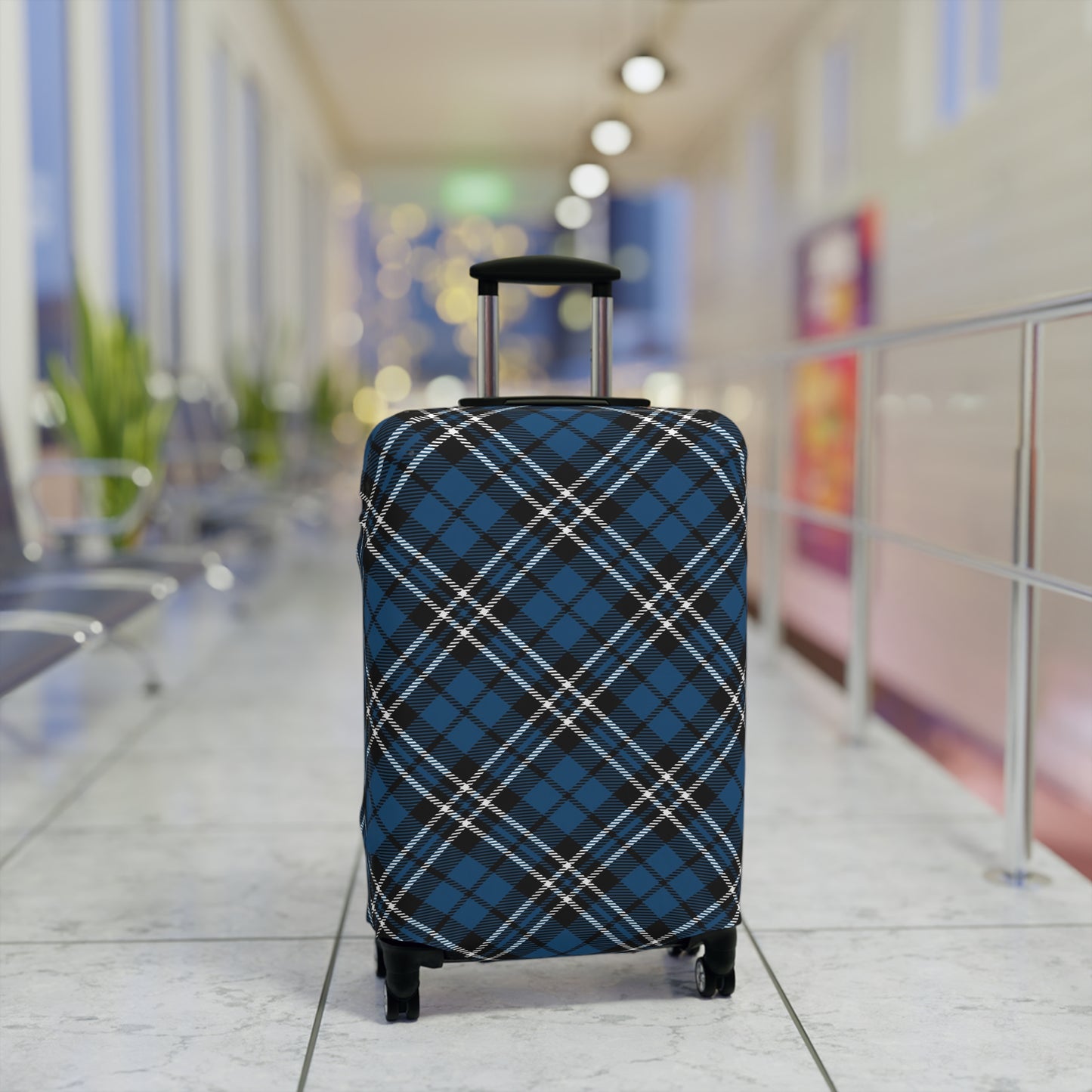 Scottish Highlander blue tartan stretch luggage cover fitted on rolling suitcase