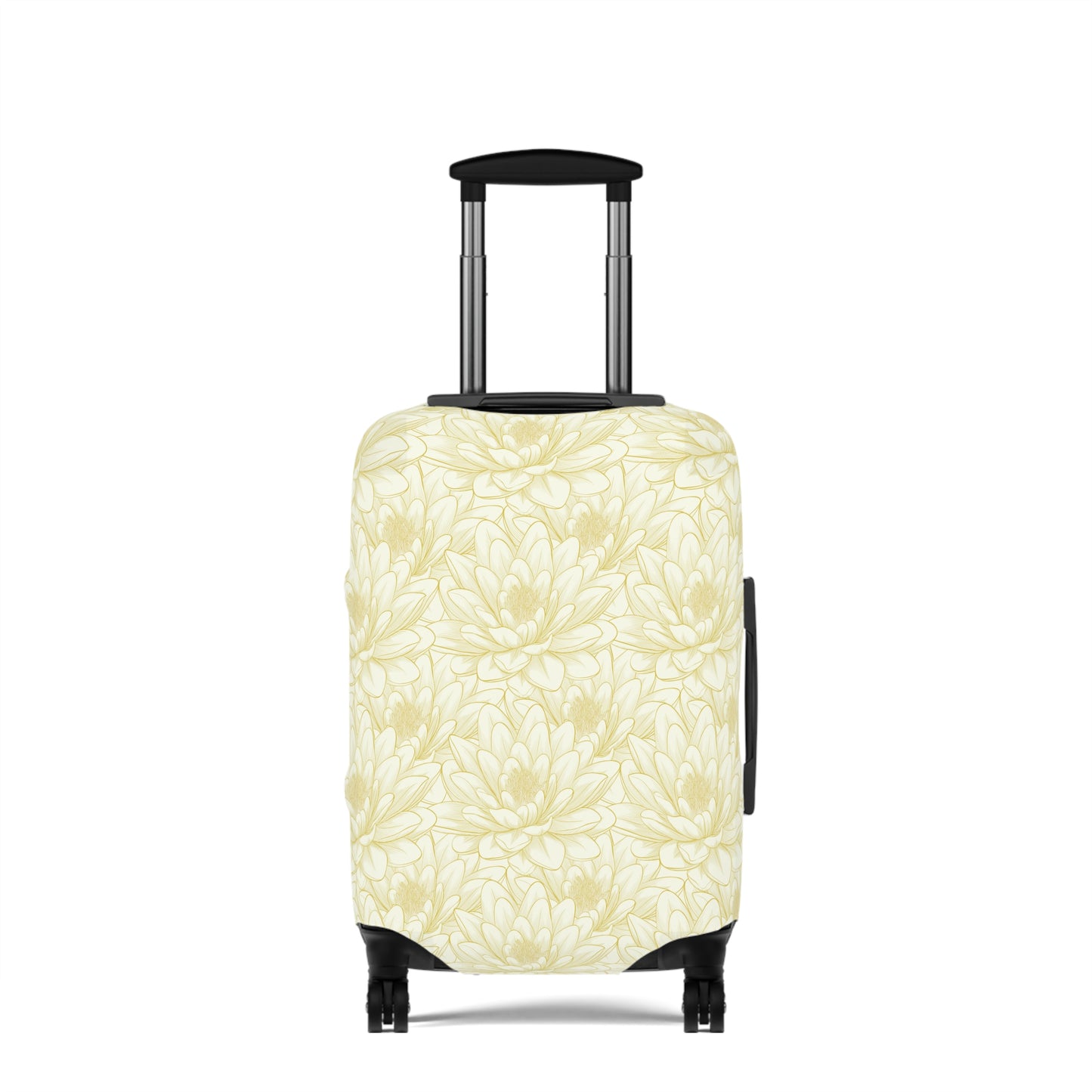 Spanish Sunburst floral stretch luggage cover with yellow marigold pattern fitted on rolling suitcase