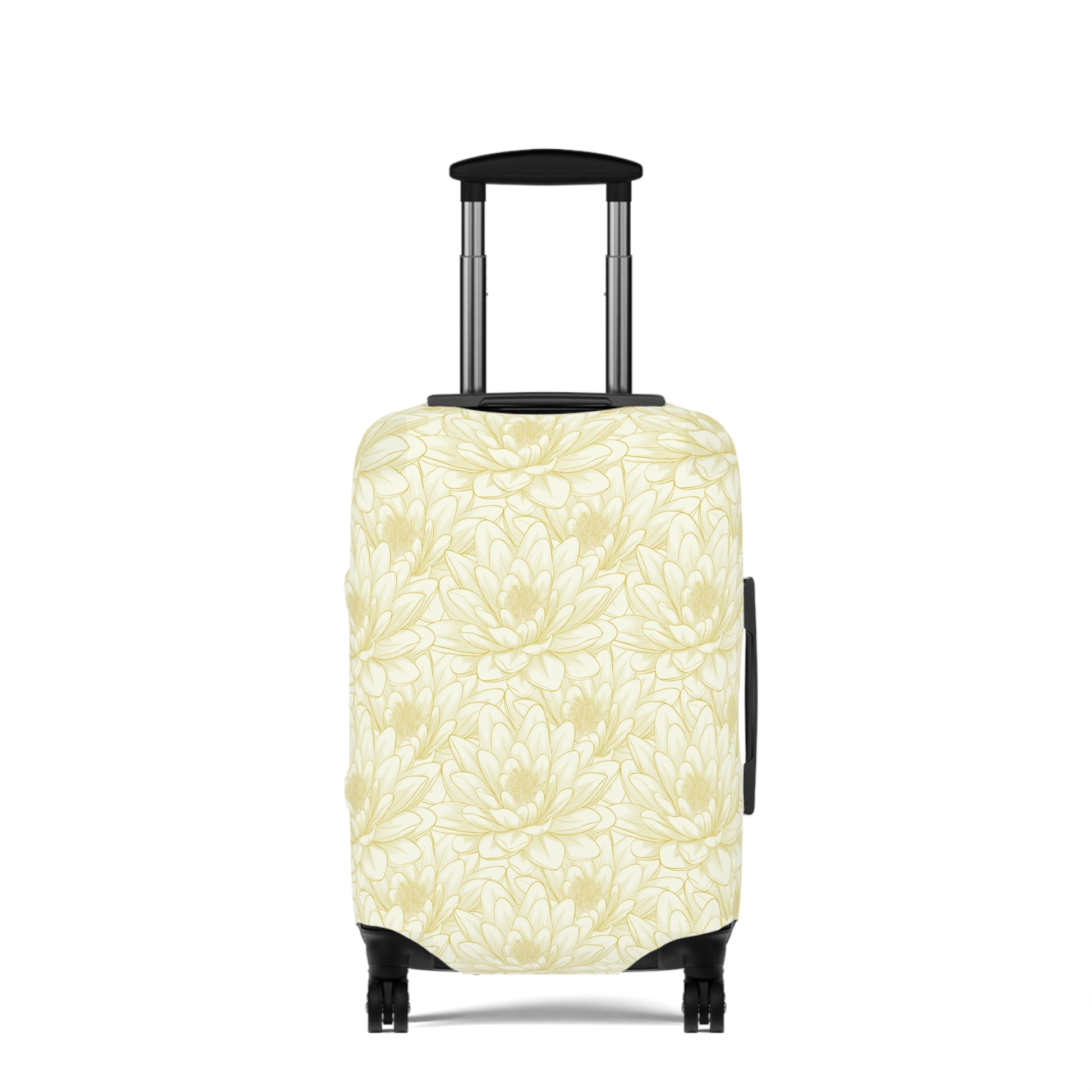 Spanish Sunburst floral stretch luggage cover with yellow marigold pattern fitted on rolling suitcase
