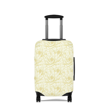 Spanish Sunburst floral stretch luggage cover with yellow marigold pattern fitted on rolling suitcase