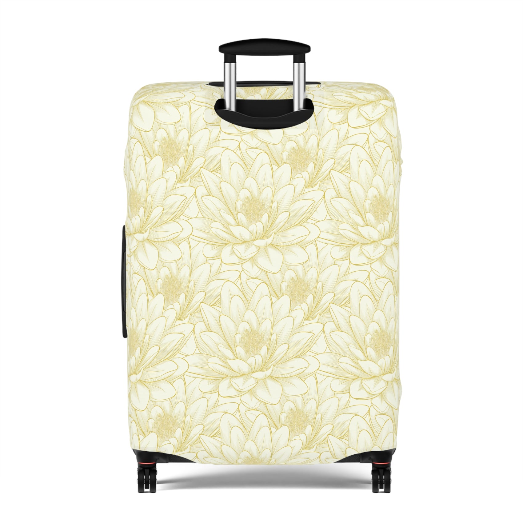 Spanish Sunburst floral stretch luggage cover with yellow marigold pattern fitted on rolling suitcase
