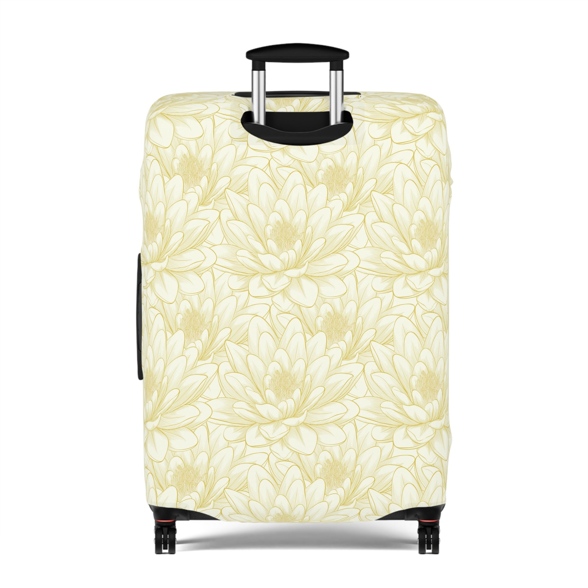 Spanish Sunburst floral stretch luggage cover with yellow marigold pattern fitted on rolling suitcase