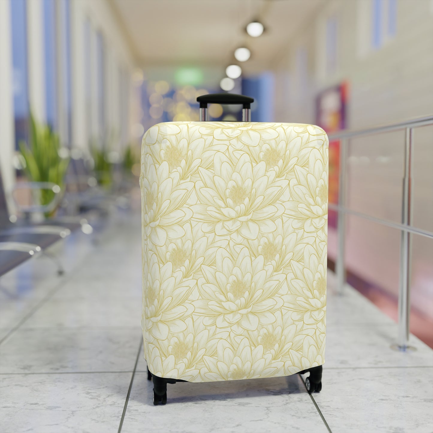 Spanish Sunburst floral stretch luggage cover with yellow marigold pattern fitted on rolling suitcase