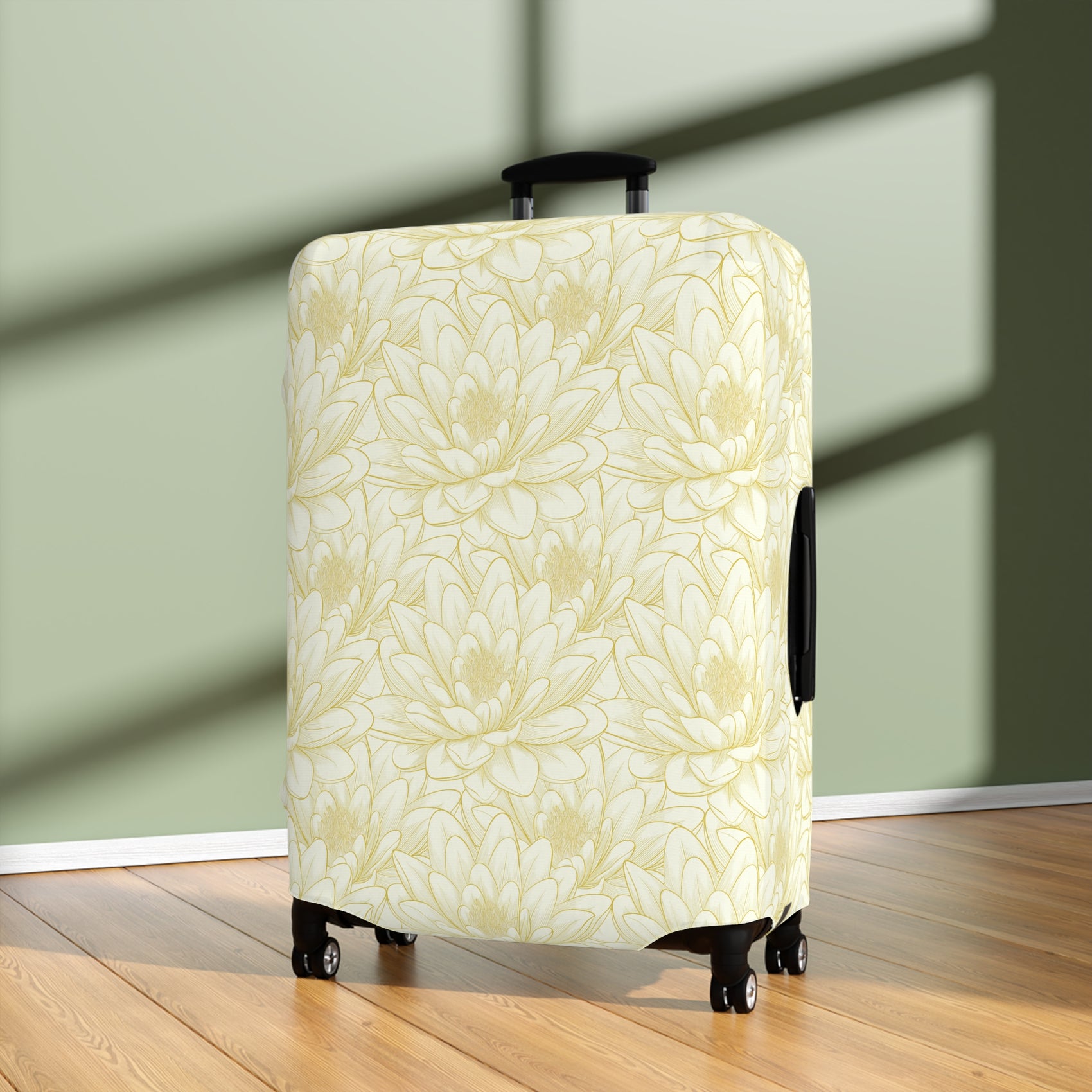 Spanish Sunburst floral stretch luggage cover with yellow marigold pattern fitted on rolling suitcase
