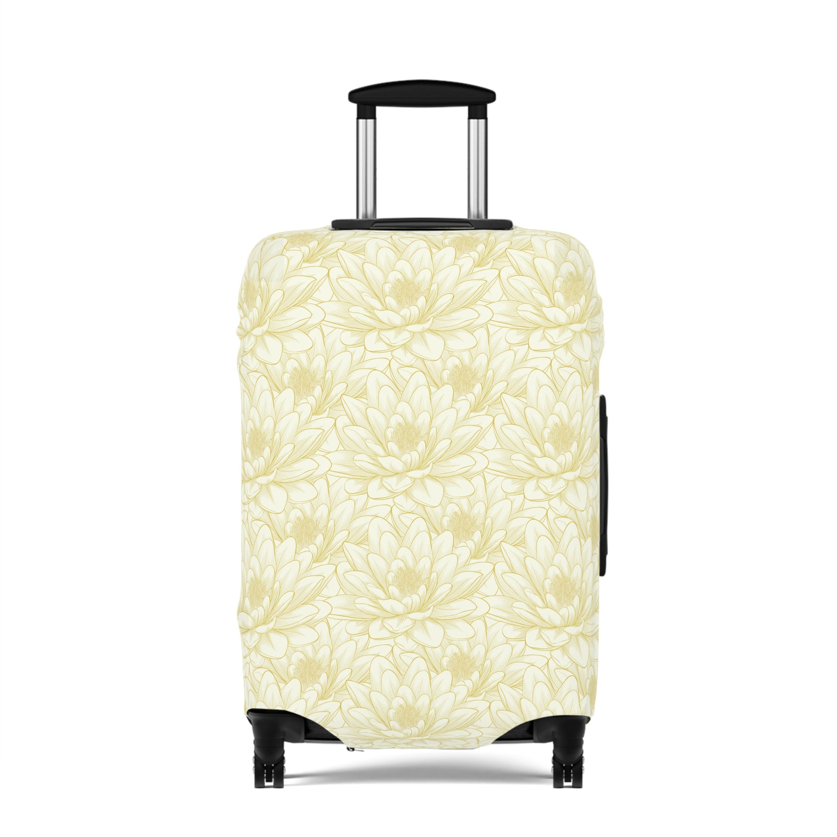 Spanish Sunburst floral stretch luggage cover with yellow marigold pattern fitted on rolling suitcase