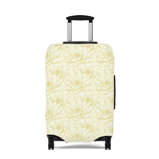 Spanish Sunburst floral stretch luggage cover with yellow marigold pattern fitted on rolling suitcase