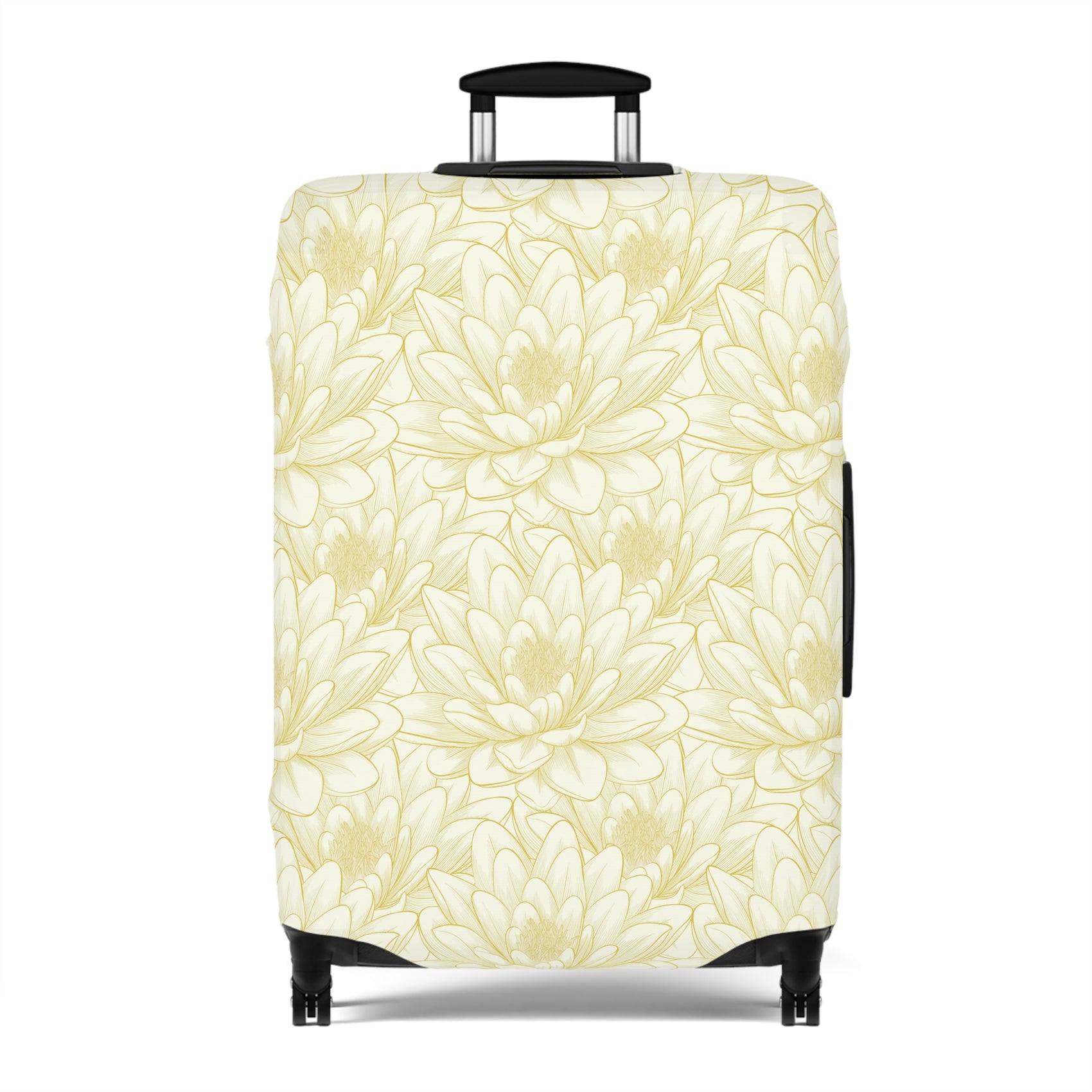 Spanish Sunburst floral stretch luggage cover with yellow marigold pattern fitted on rolling suitcase