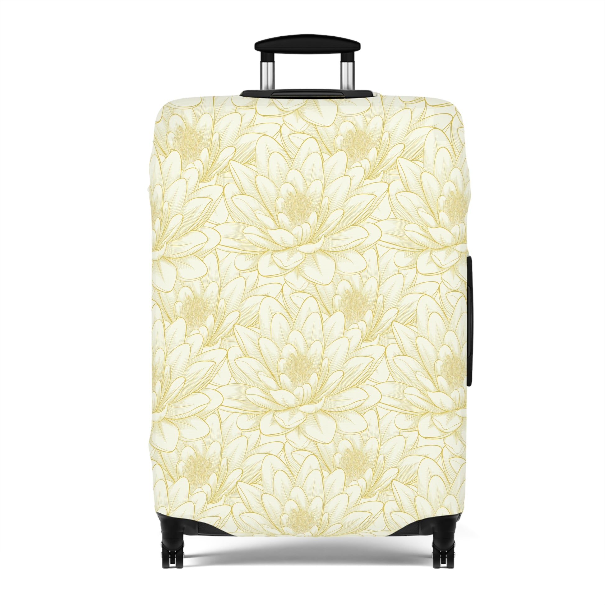 Spanish Sunburst floral stretch luggage cover with yellow marigold pattern fitted on rolling suitcase