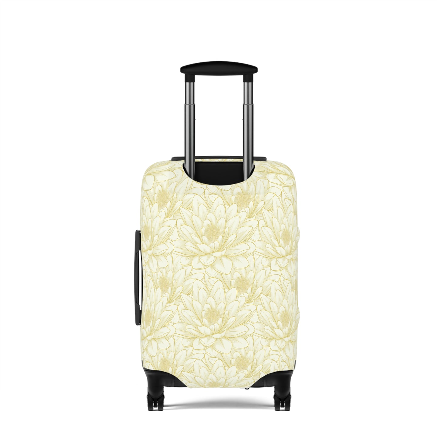 Spanish Sunburst floral stretch luggage cover with yellow marigold pattern fitted on rolling suitcase