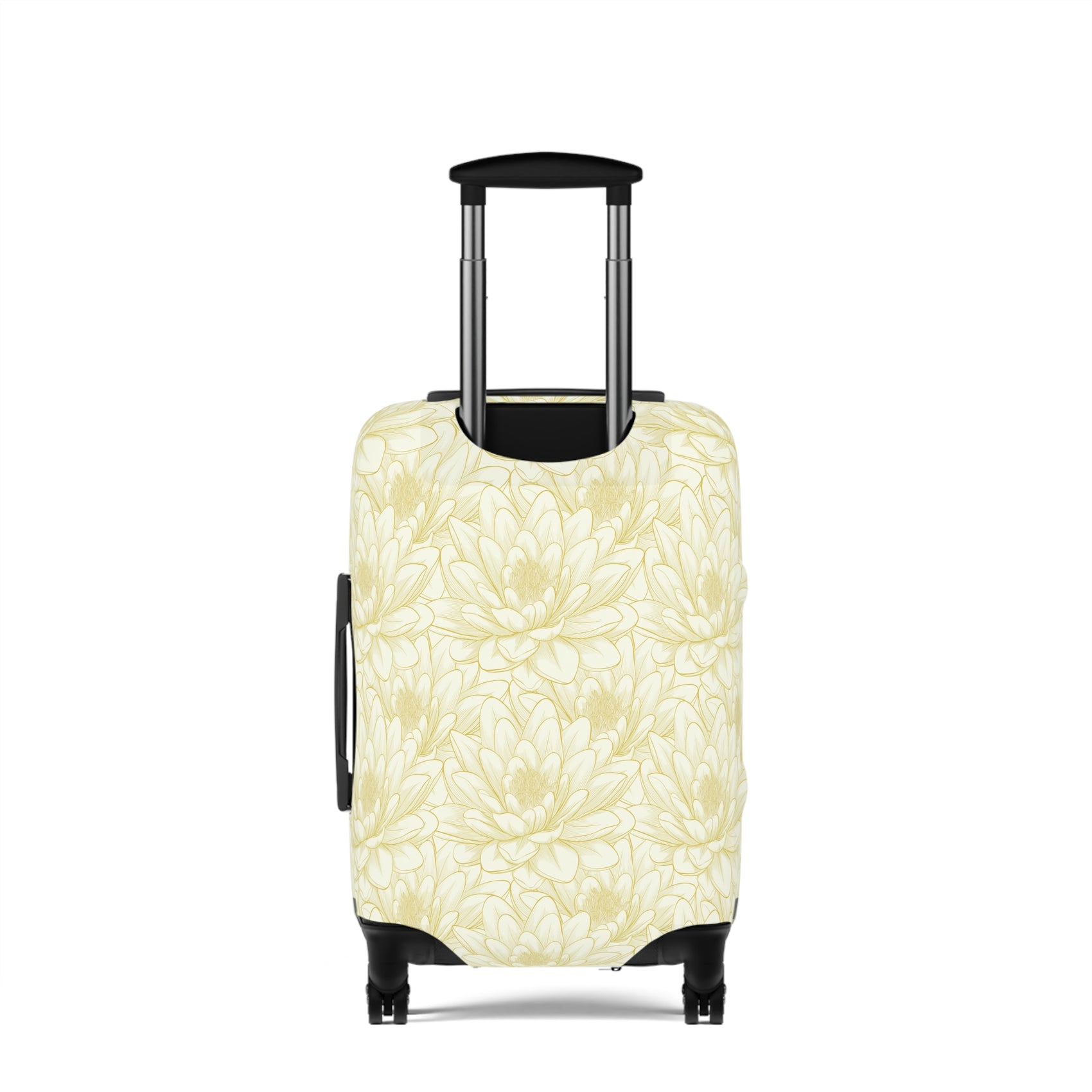 Spanish Sunburst floral stretch luggage cover with yellow marigold pattern fitted on rolling suitcase