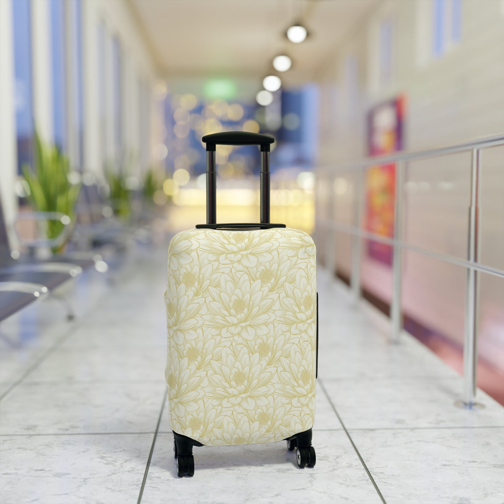 Spanish Sunburst floral stretch luggage cover with yellow marigold pattern fitted on rolling suitcase