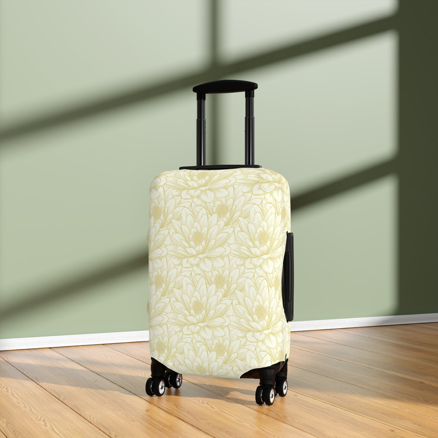 Spanish Sunburst floral stretch luggage cover with yellow marigold pattern fitted on rolling suitcase