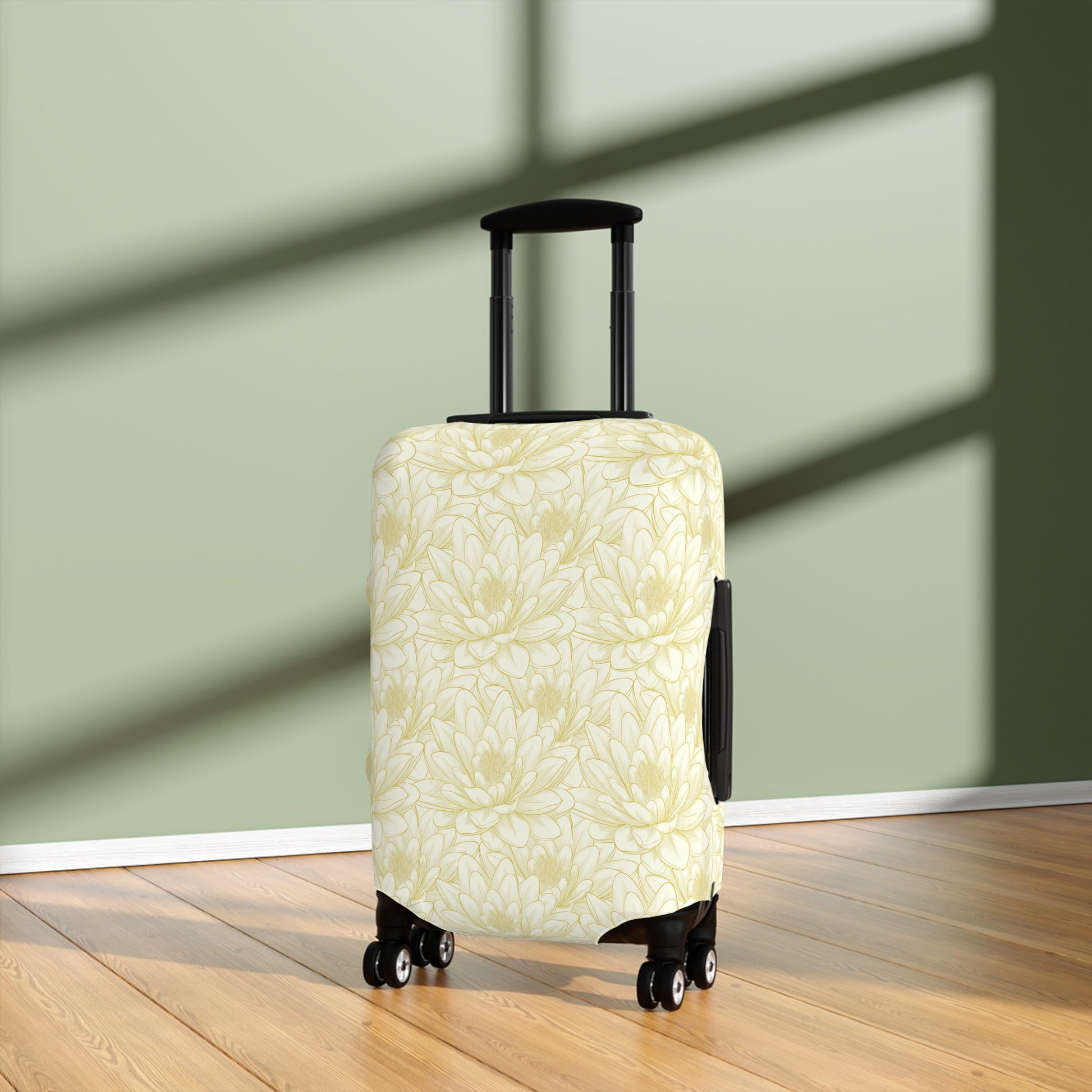 Spanish Sunburst floral stretch luggage cover with yellow marigold pattern fitted on rolling suitcase