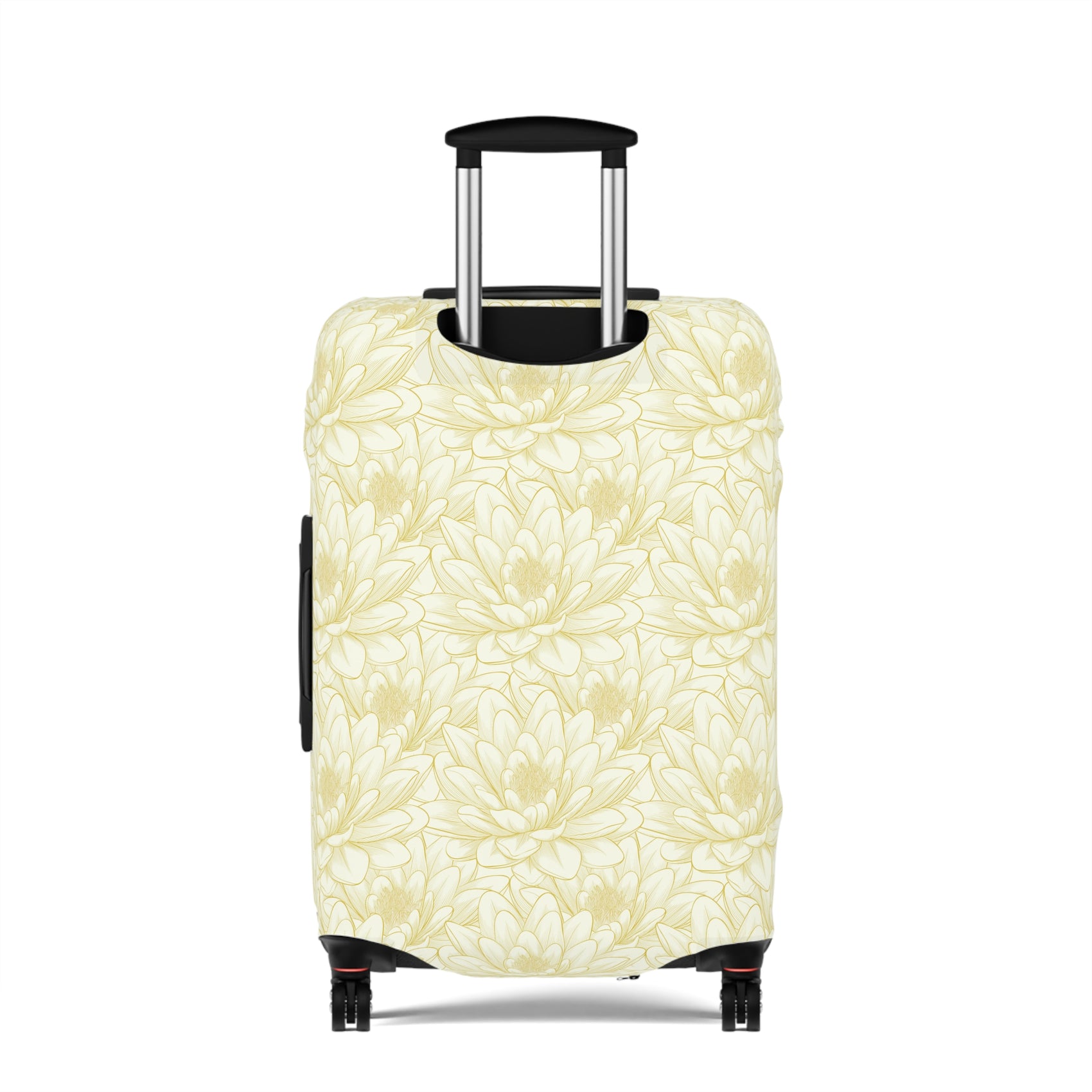 Spanish Sunburst floral stretch luggage cover with yellow marigold pattern fitted on rolling suitcase