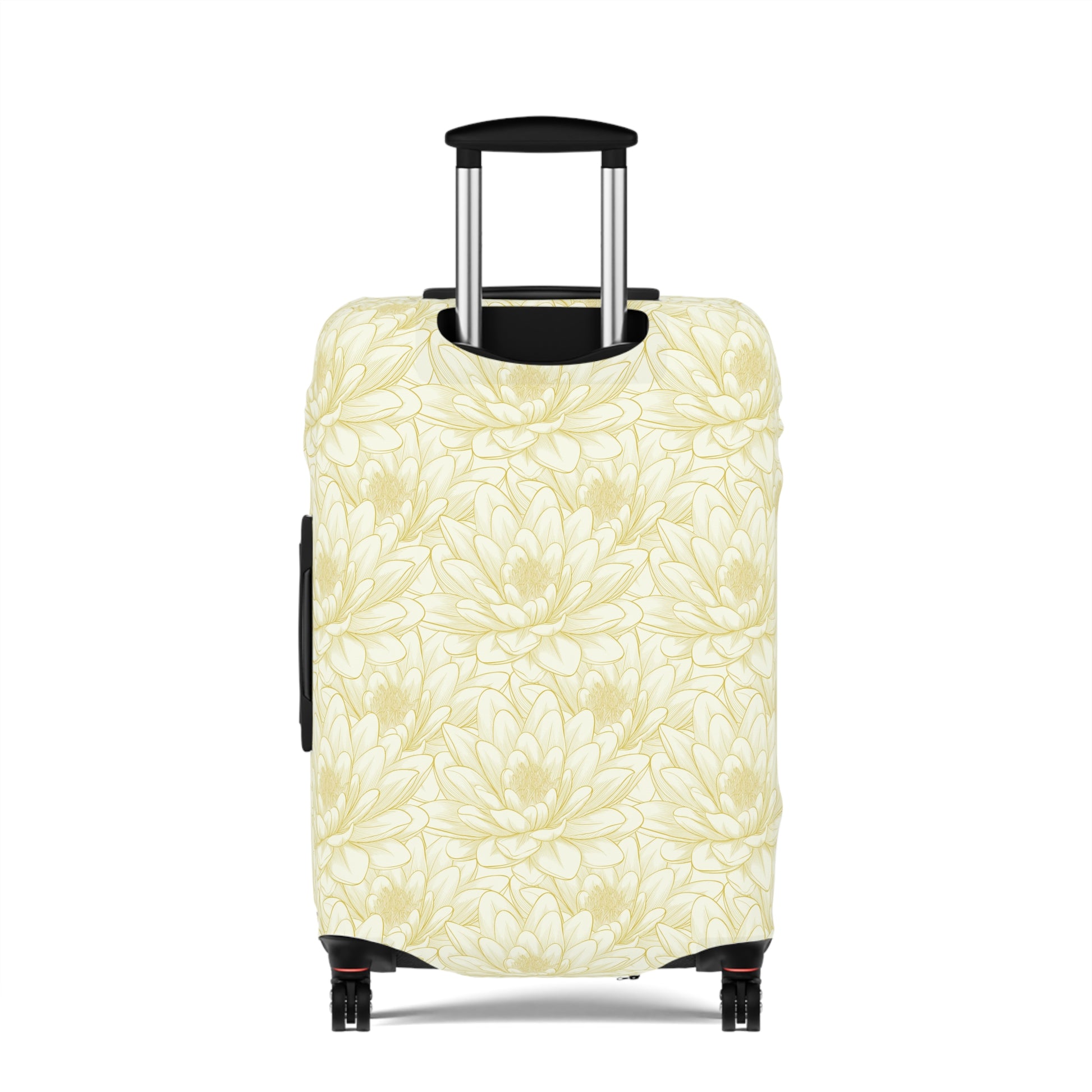 Spanish Sunburst floral stretch luggage cover with yellow marigold pattern fitted on rolling suitcase