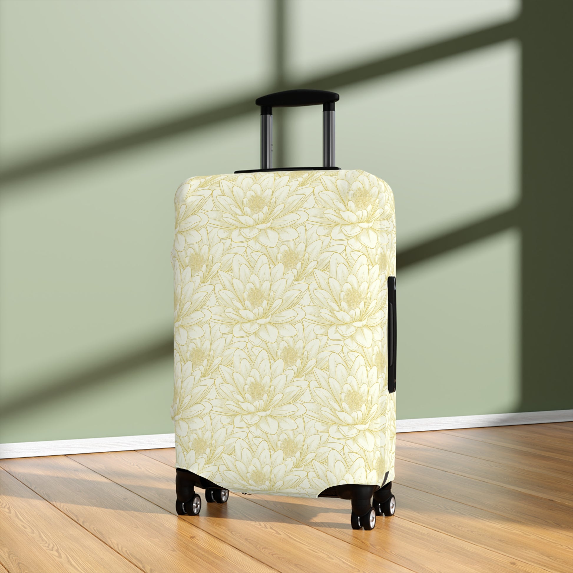Spanish Sunburst floral stretch luggage cover with yellow marigold pattern fitted on rolling suitcase