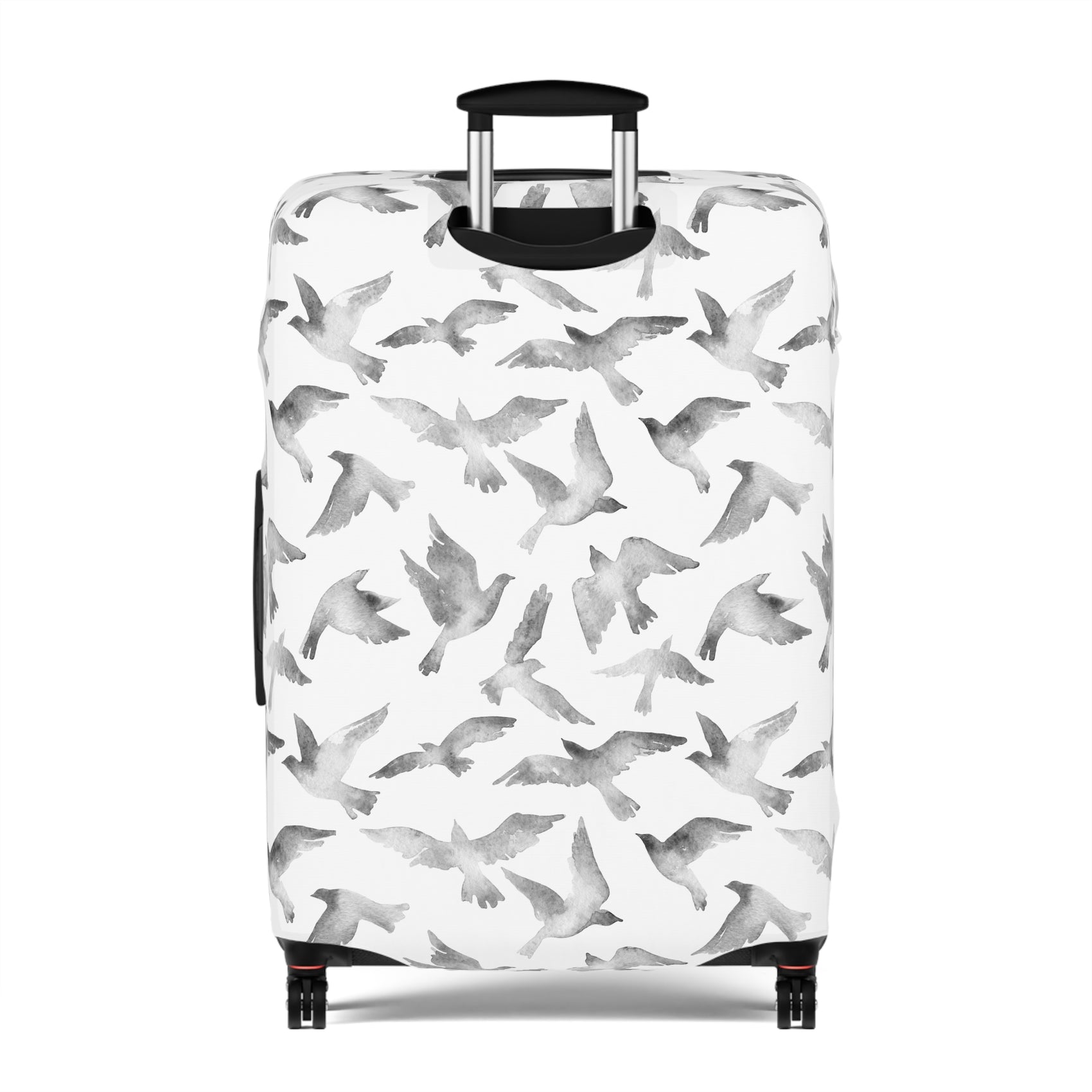 Streets to Sky stretch luggage cover with abstract gray bird silhouettes on white background