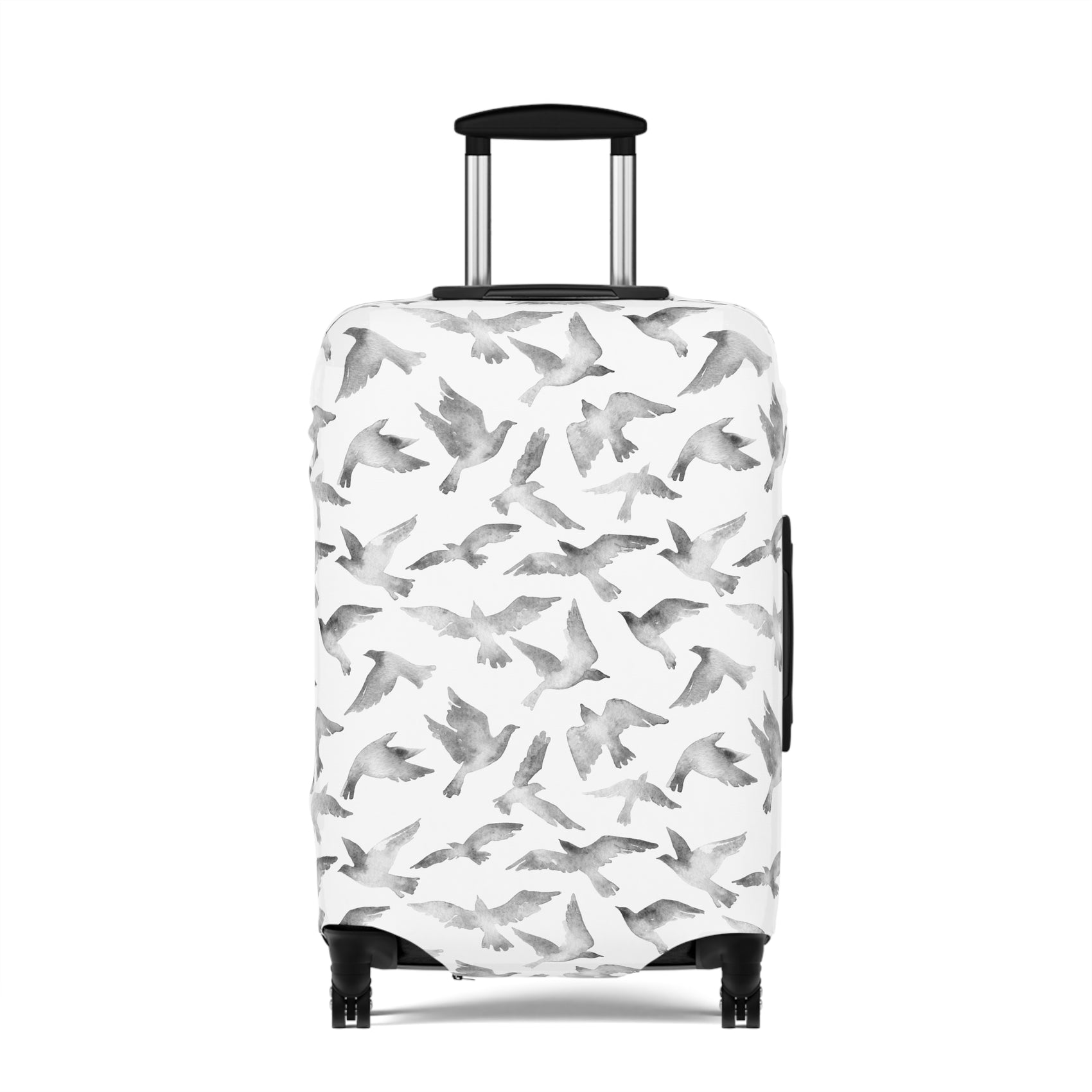 Streets to Sky stretch luggage cover with abstract gray bird silhouettes on white background