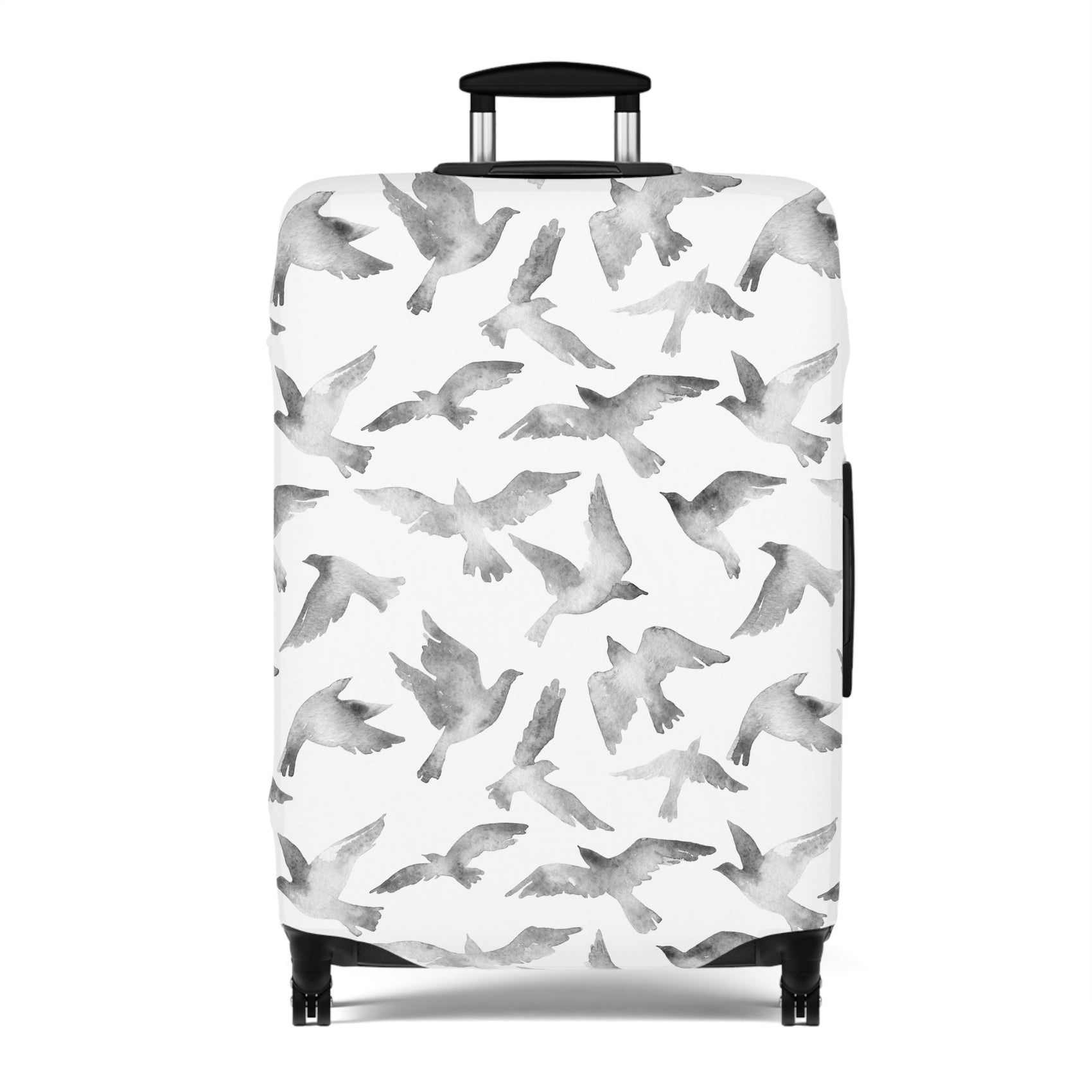 Streets to Sky stretch luggage cover with abstract gray bird silhouettes on white background