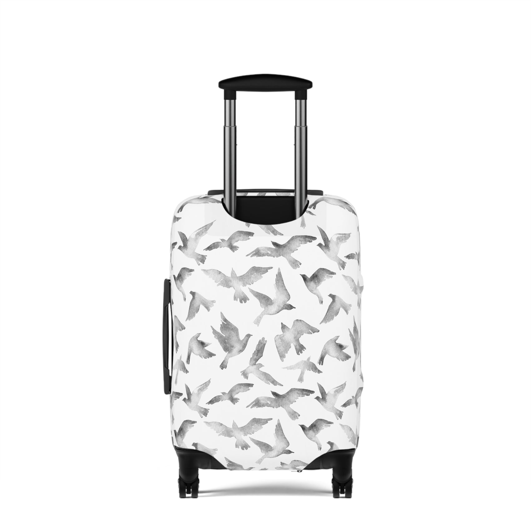 Streets to Sky stretch luggage cover with abstract gray bird silhouettes on white background