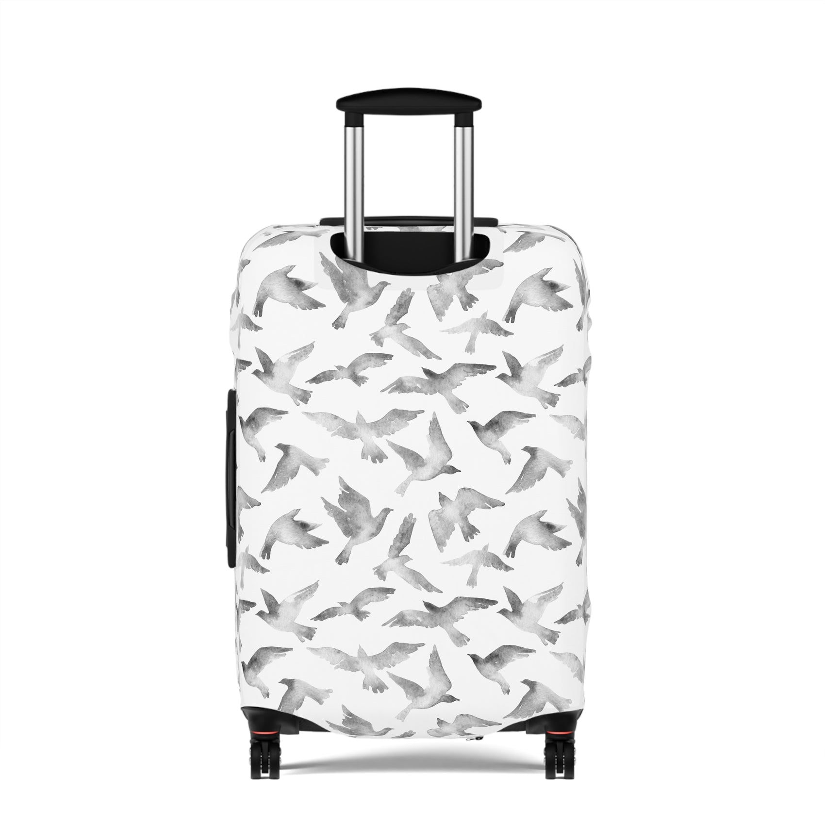Streets to Sky stretch luggage cover with abstract gray bird silhouettes on white background