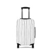 Black and white striped stretch luggage cover with zipper closure protecting a rolling suitcase