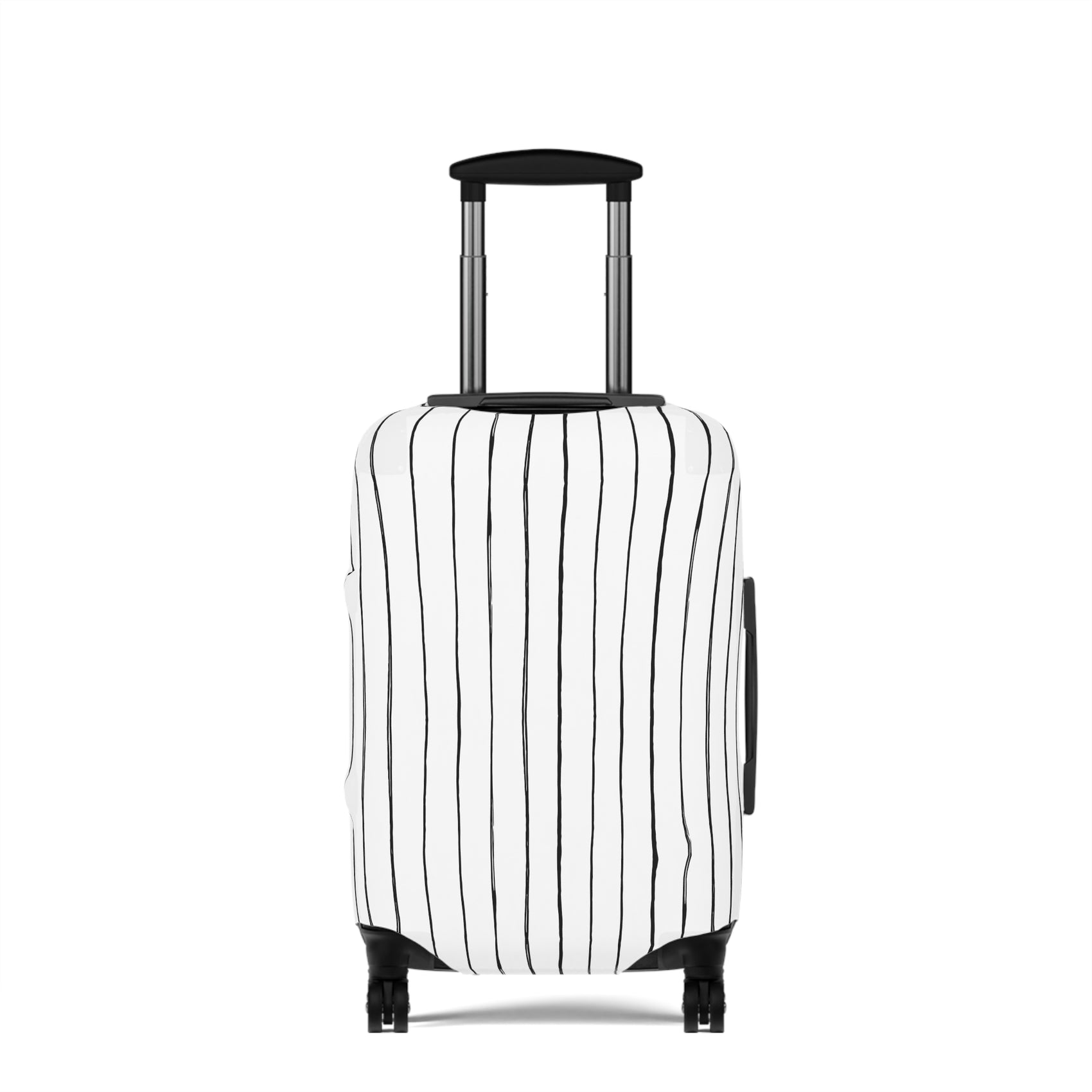 Black and white striped stretch luggage cover with zipper closure protecting a rolling suitcase
