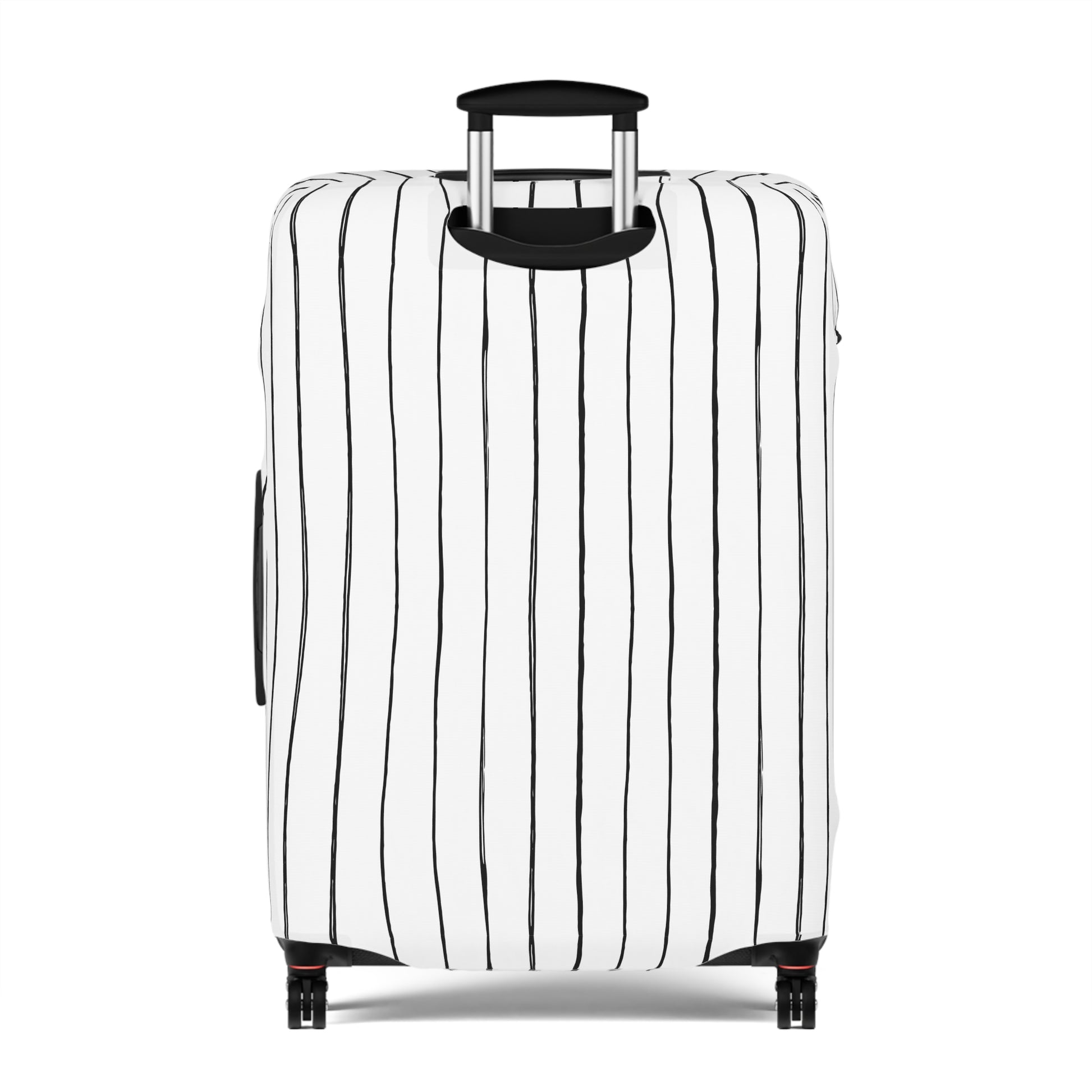 Black and white striped stretch luggage cover with zipper closure protecting a rolling suitcase
