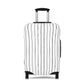 Black and white striped stretch luggage cover with zipper closure protecting a rolling suitcase