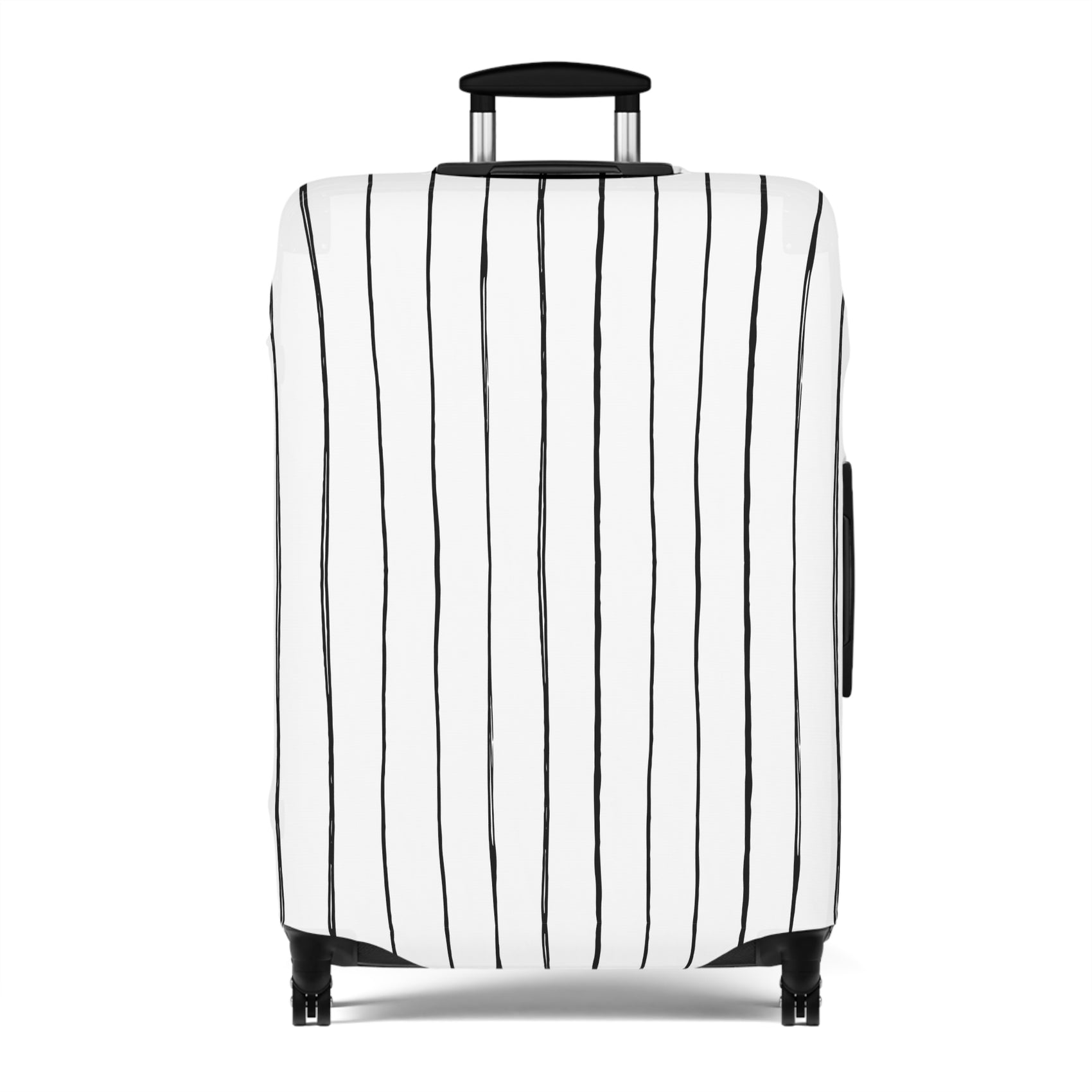 Black and white striped stretch luggage cover with zipper closure protecting a rolling suitcase