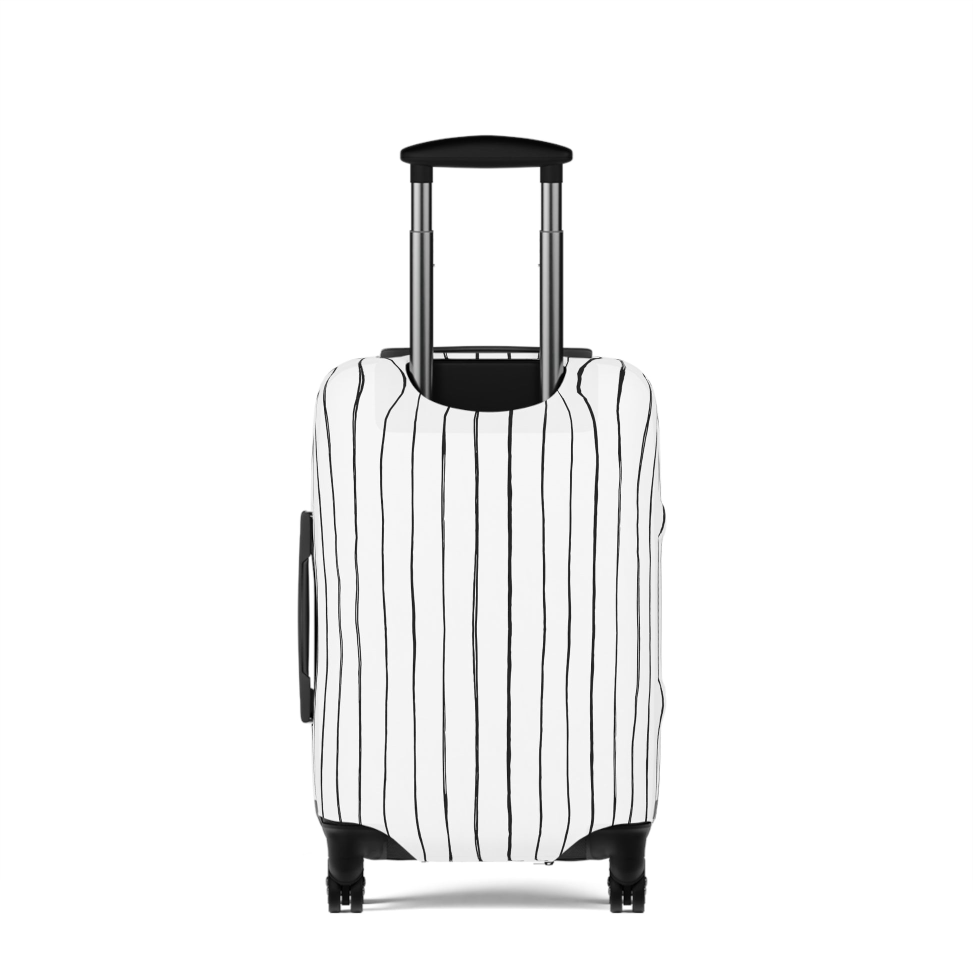 Black and white striped stretch luggage cover with zipper closure protecting a rolling suitcase