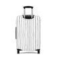 Black and white striped stretch luggage cover with zipper closure protecting a rolling suitcase