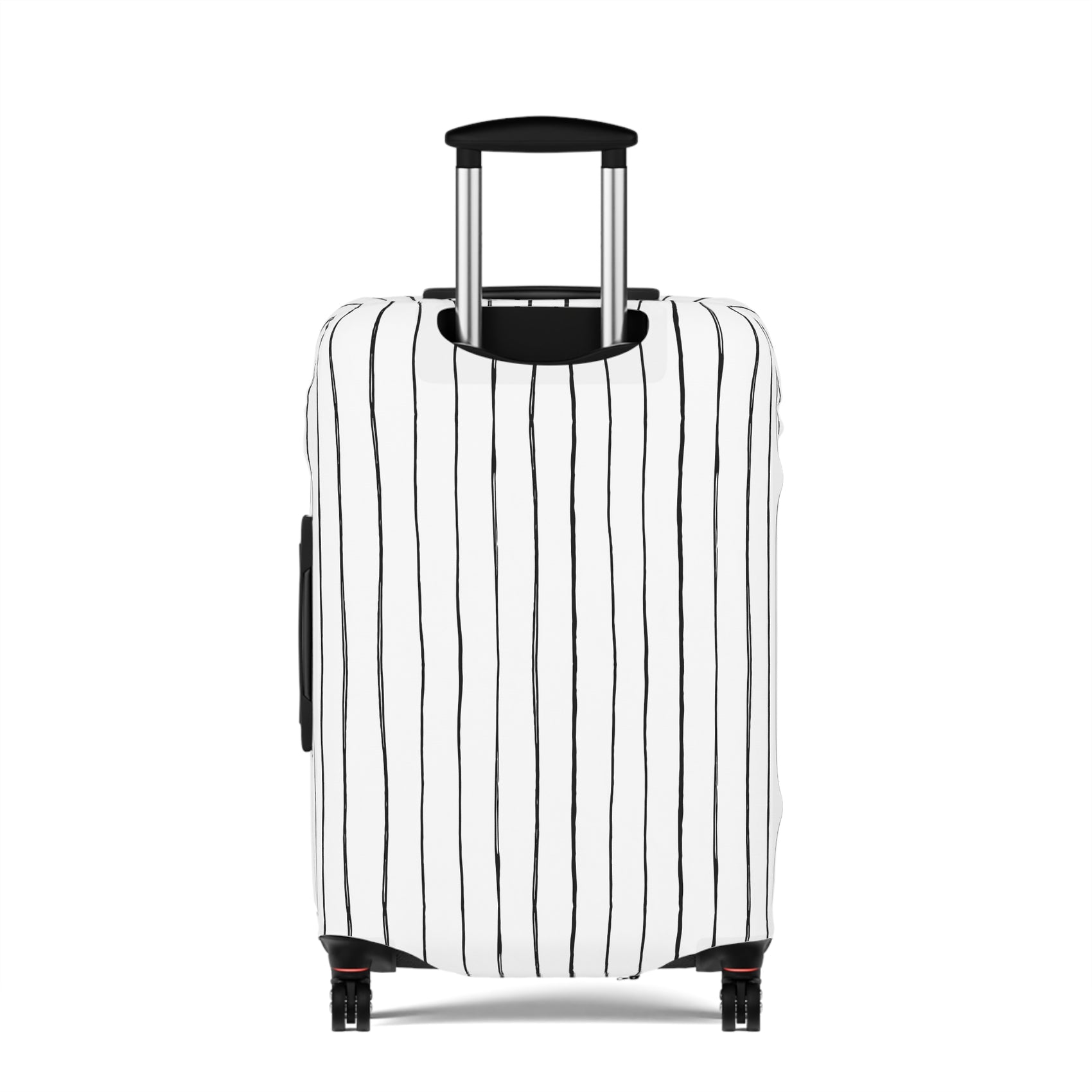 Black and white striped stretch luggage cover with zipper closure protecting a rolling suitcase