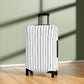 Black and white striped stretch luggage cover with zipper closure protecting a rolling suitcase