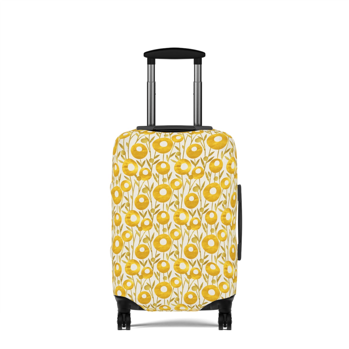 Swedish Meadow yellow floral stretch luggage cover with Scandinavian flower pattern on rolling suitcase