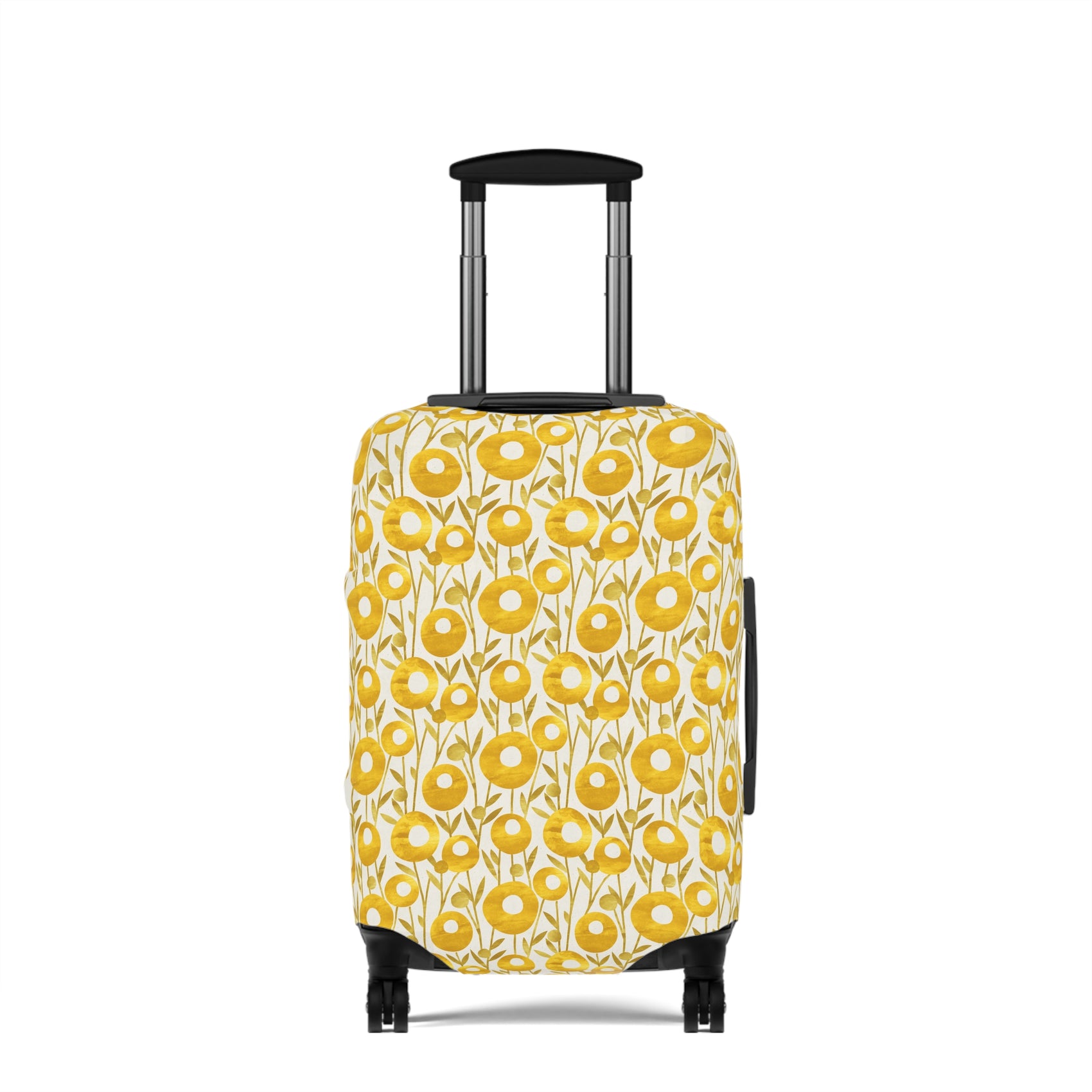 Swedish Meadow yellow floral stretch luggage cover with Scandinavian flower pattern on rolling suitcase