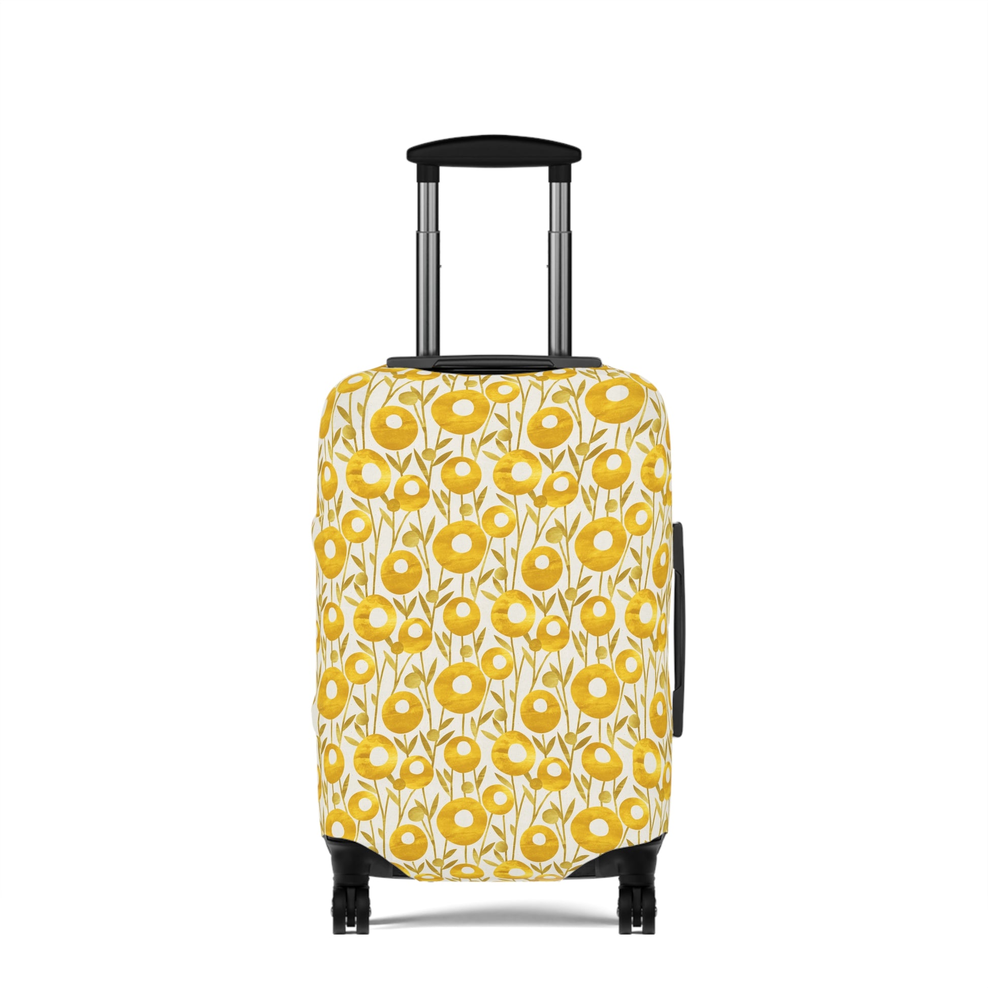Swedish Meadow yellow floral stretch luggage cover with Scandinavian flower pattern on rolling suitcase