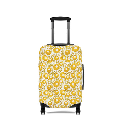Swedish Meadow yellow floral stretch luggage cover with Scandinavian flower pattern on rolling suitcase