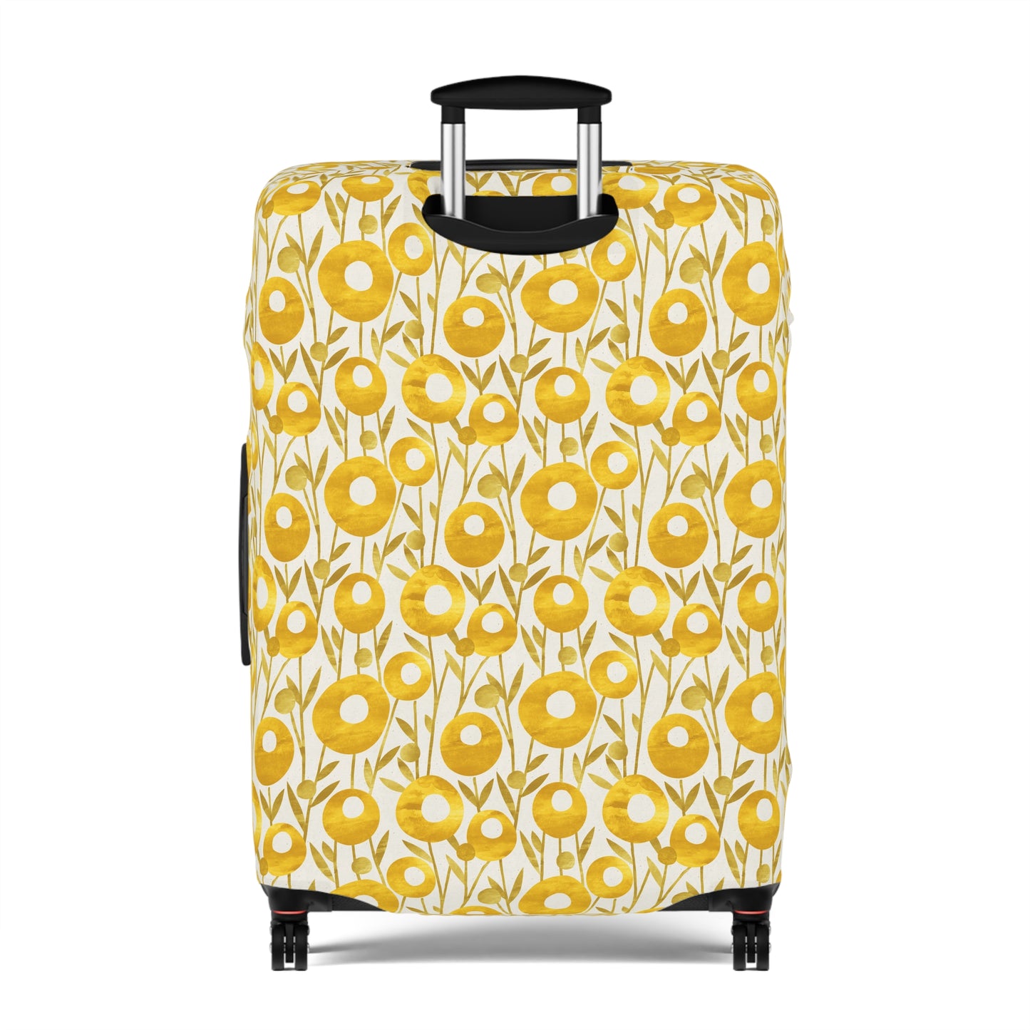 Swedish Meadow yellow floral stretch luggage cover with Scandinavian flower pattern on rolling suitcase