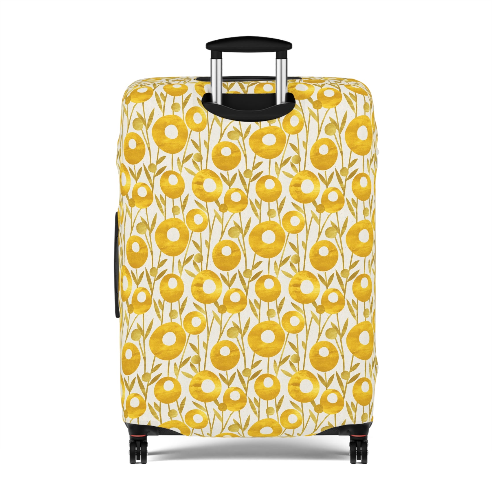 Swedish Meadow yellow floral stretch luggage cover with Scandinavian flower pattern on rolling suitcase