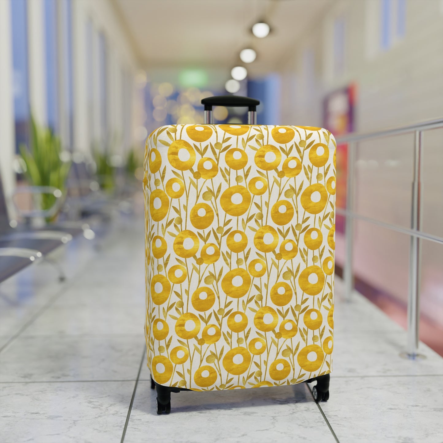 Swedish Meadow yellow floral stretch luggage cover with Scandinavian flower pattern on rolling suitcase