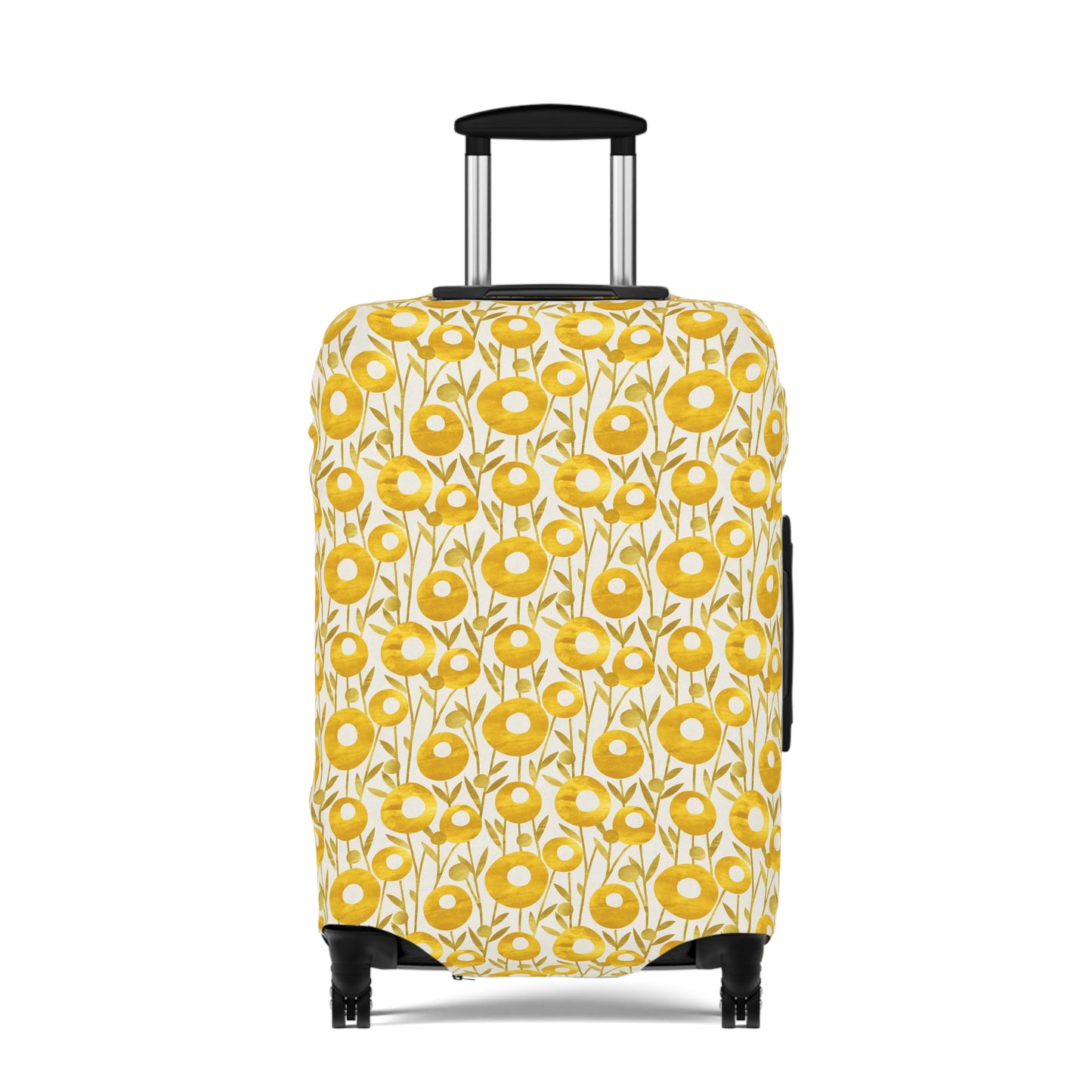 Swedish Meadow yellow floral stretch luggage cover with Scandinavian flower pattern on rolling suitcase