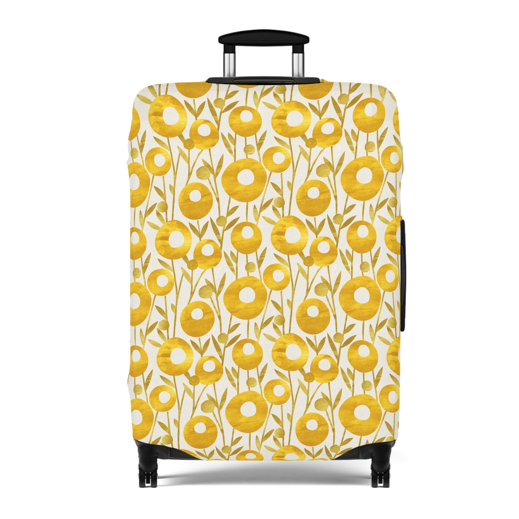 Swedish Meadow yellow floral stretch luggage cover with Scandinavian flower pattern on rolling suitcase