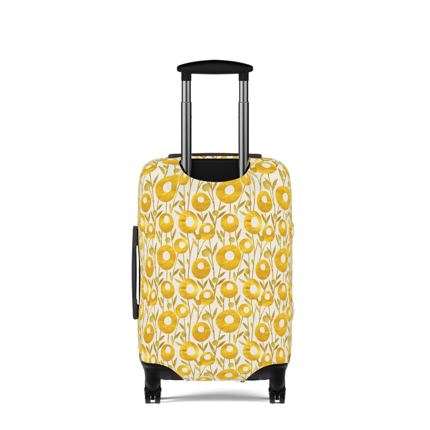 Swedish Meadow yellow floral stretch luggage cover with Scandinavian flower pattern on rolling suitcase