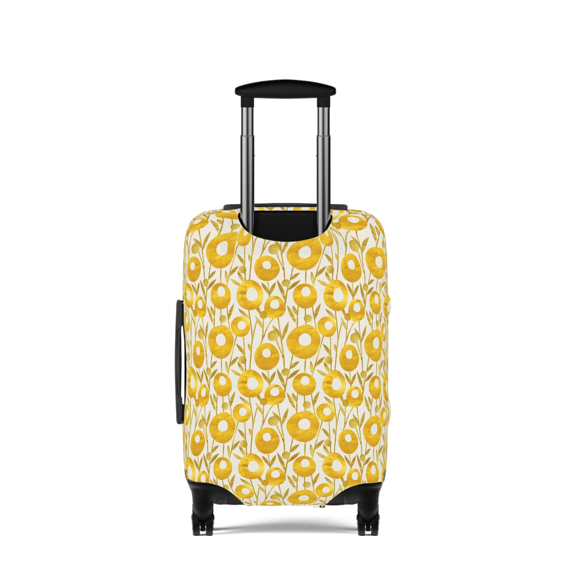 Swedish Meadow yellow floral stretch luggage cover with Scandinavian flower pattern on rolling suitcase