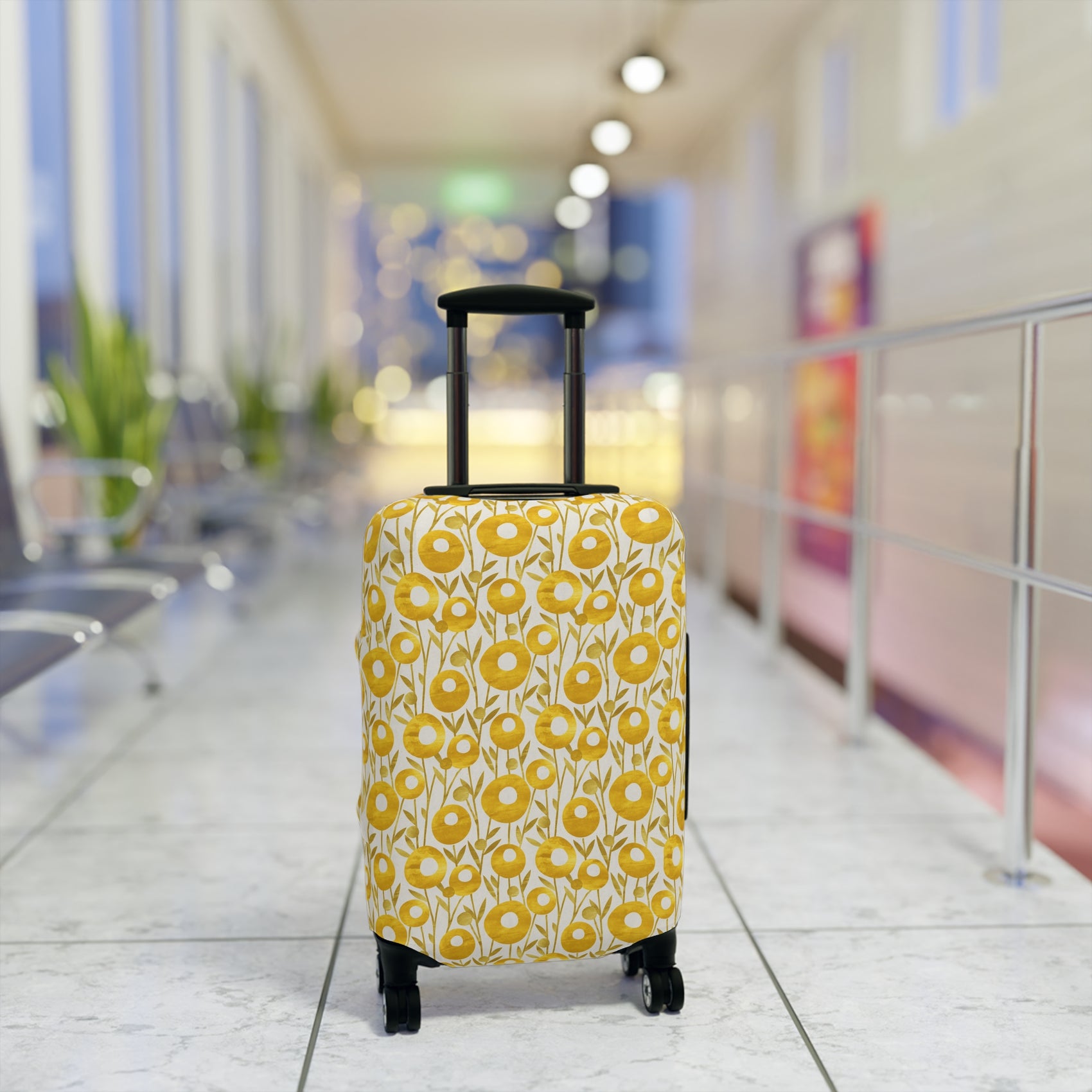 Swedish Meadow yellow floral stretch luggage cover with Scandinavian flower pattern on rolling suitcase