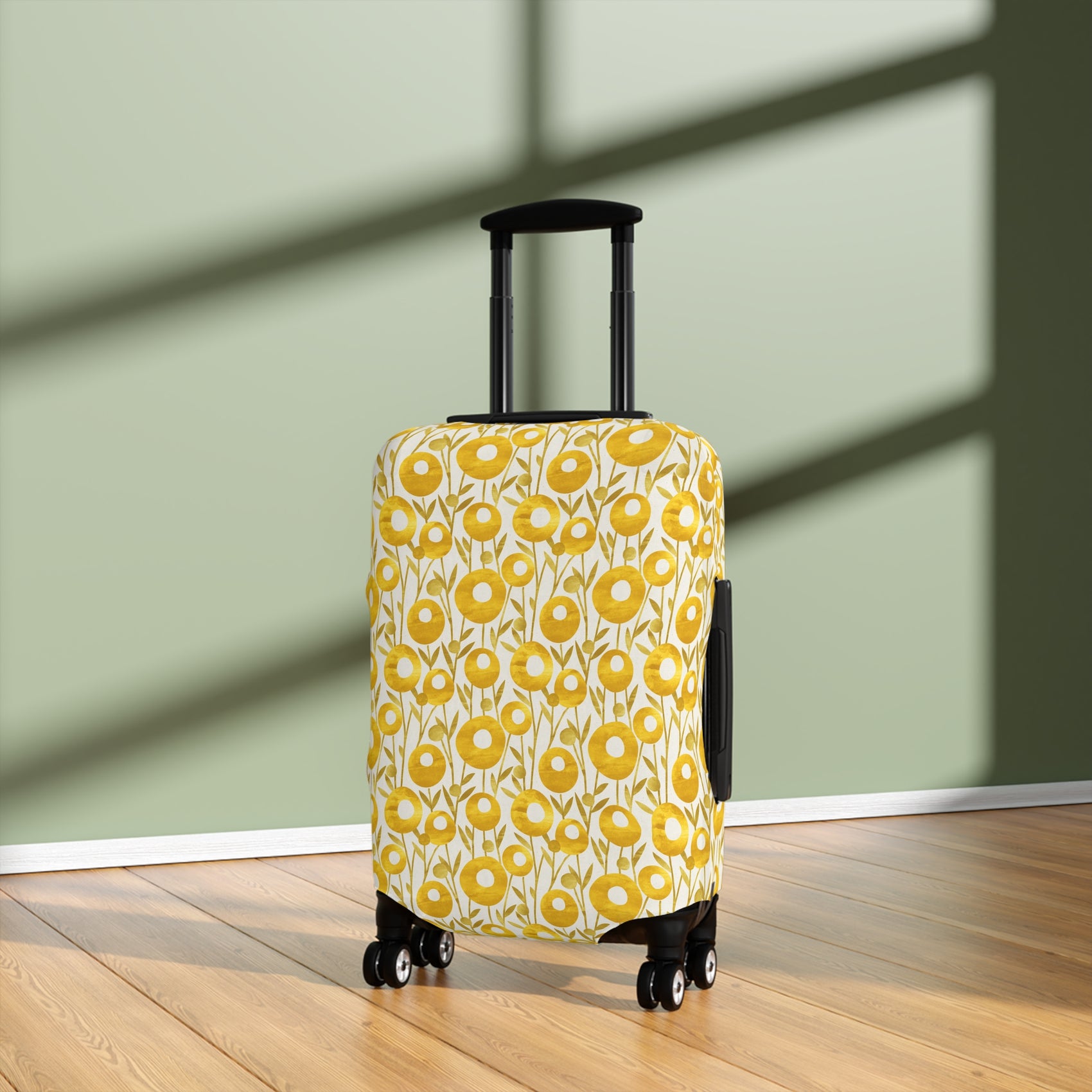 Swedish Meadow yellow floral stretch luggage cover with Scandinavian flower pattern on rolling suitcase